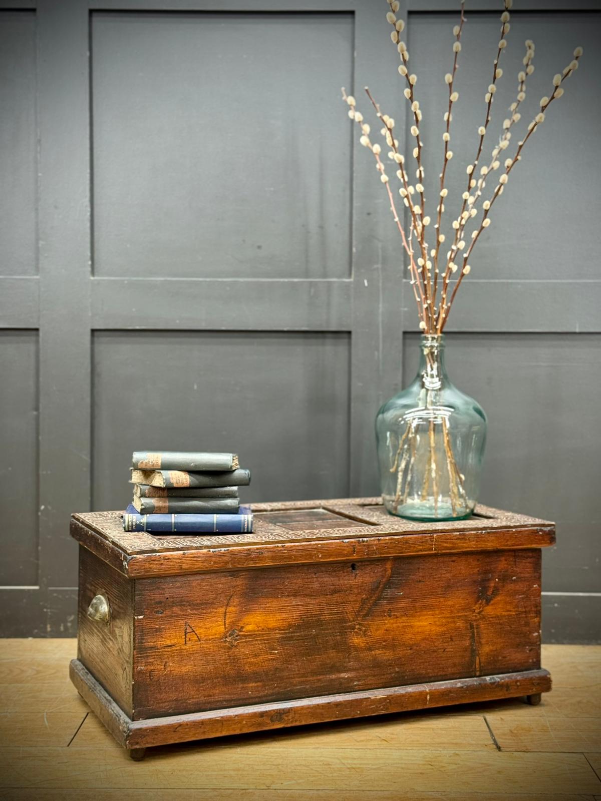 Antique Pine Storage Chest – Rustic Blanket Box / Coffee Table Trunk