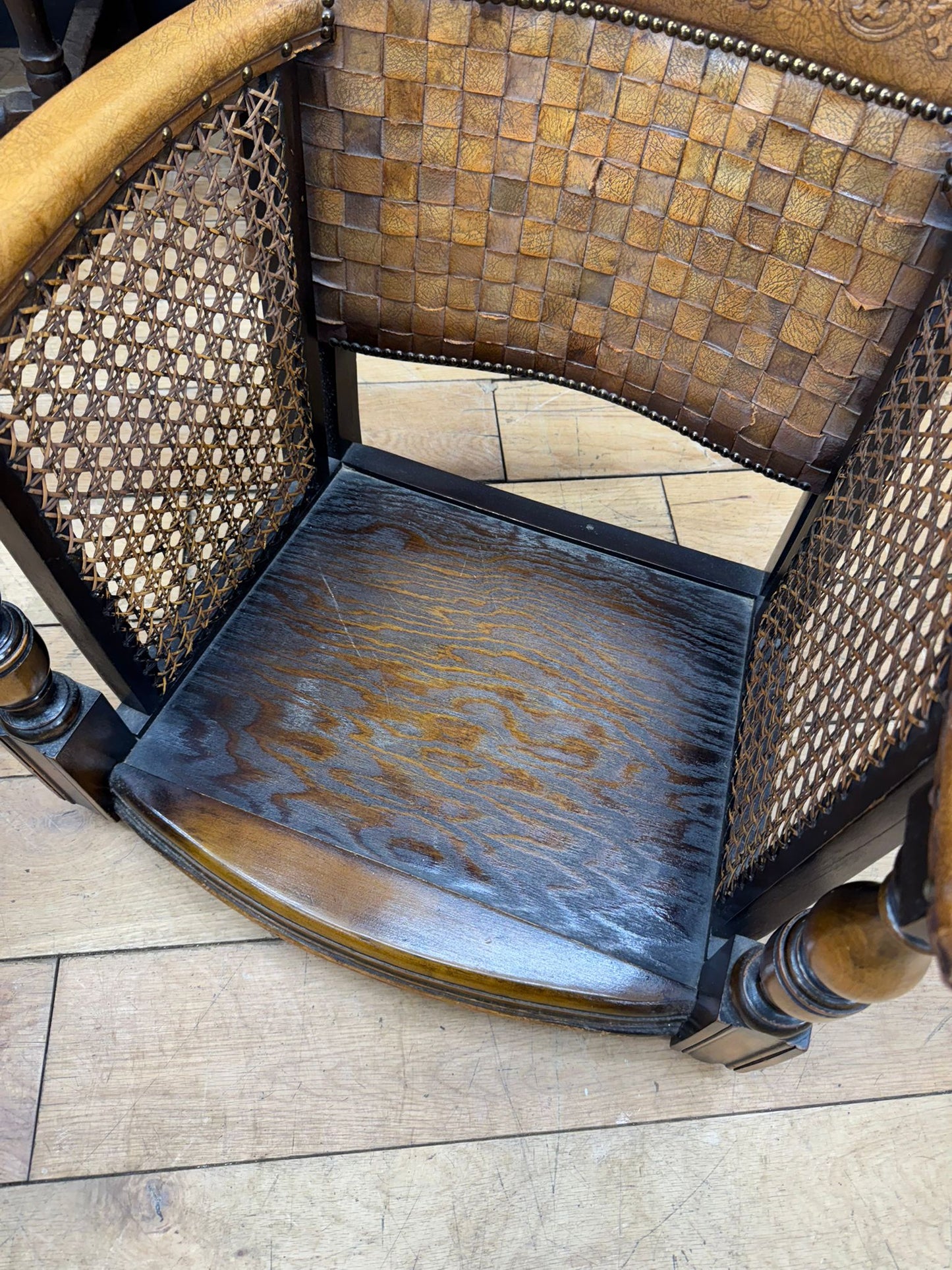 Antique Leather Cane Child’s Chair – Woven Seat Vintage Wooden Armchair