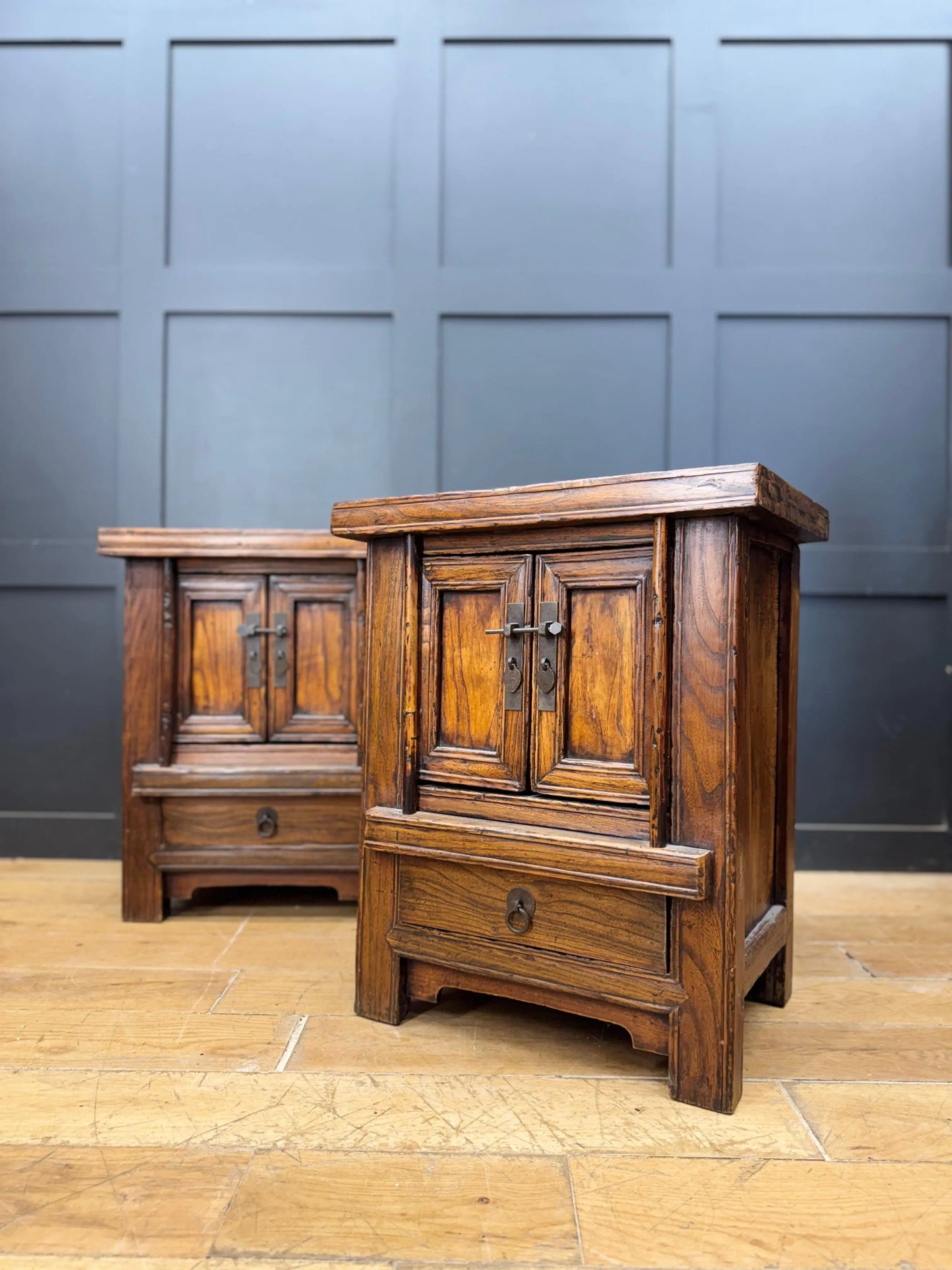 Pair Rustic Chinese Elm Bedside Cabinets Drawers Cupboards Side Lamp Tables