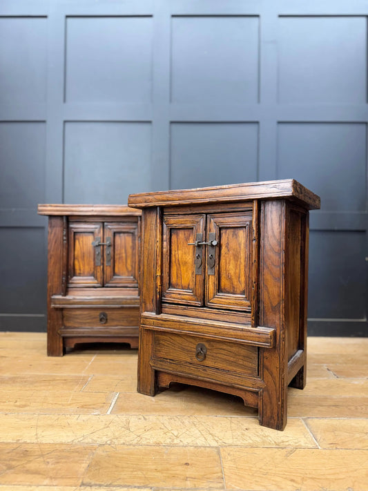 Pair Rustic Chinese Elm Bedside Cabinets Drawers Cupboards Side Lamp Tables