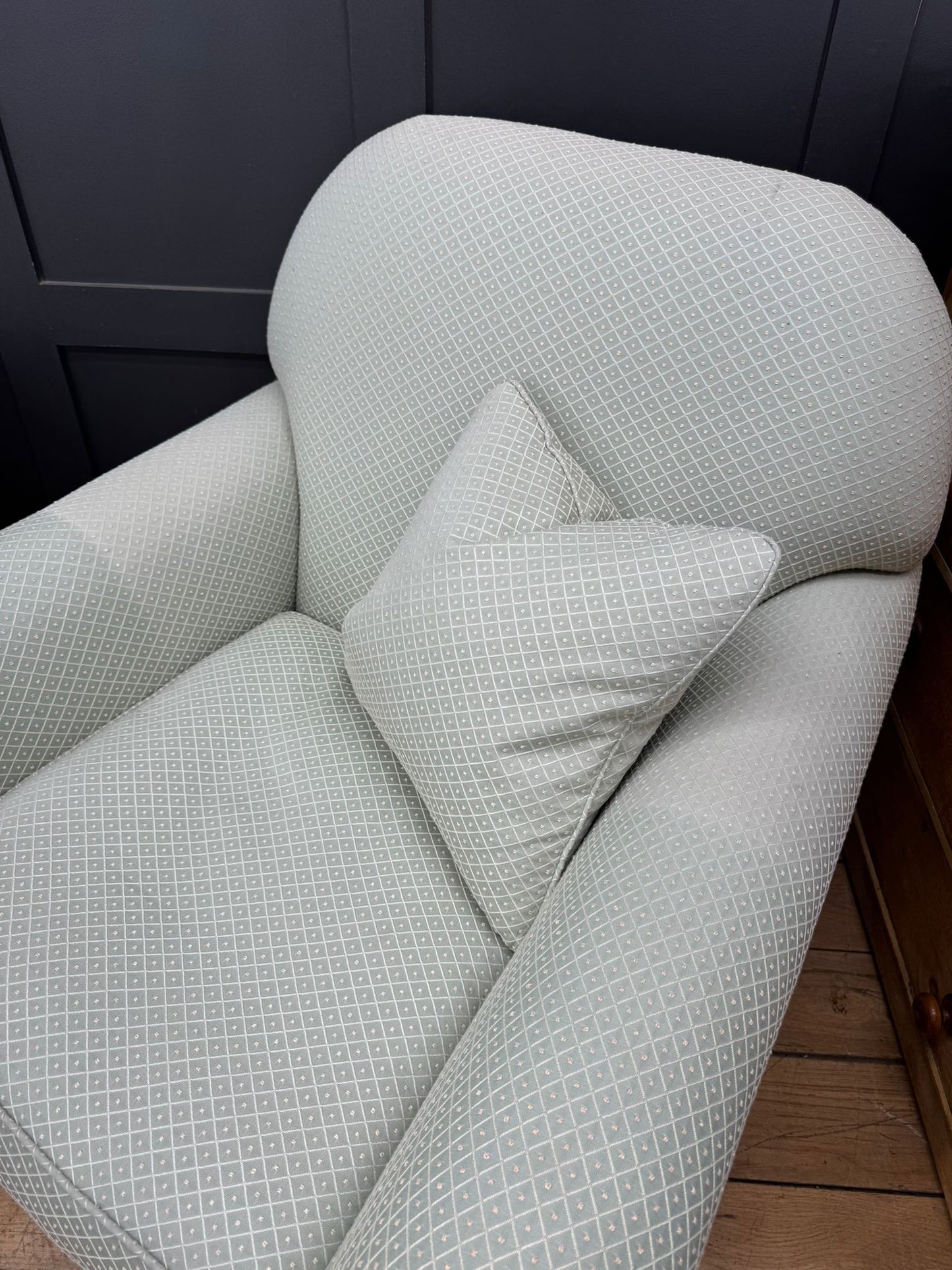 Pair of Upholstered Armchairs By Wesley Barrell– Brass Castors /Lounge Chairs