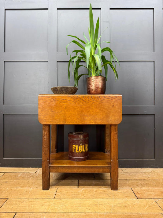 Antique Solid Oak Drop-Leaf Table with Shelf Ideal Kitchen Island or Work Table