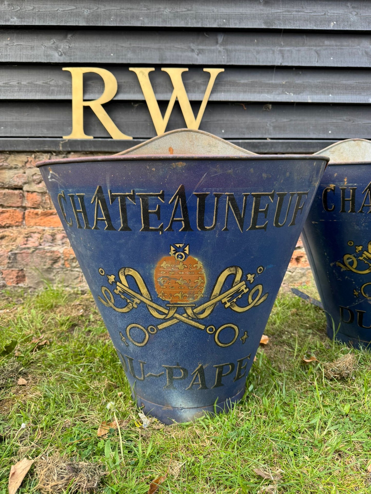 An Antique Pair Vintage French Grape Hod Chateauneuf Du Pape Log Basket Planters