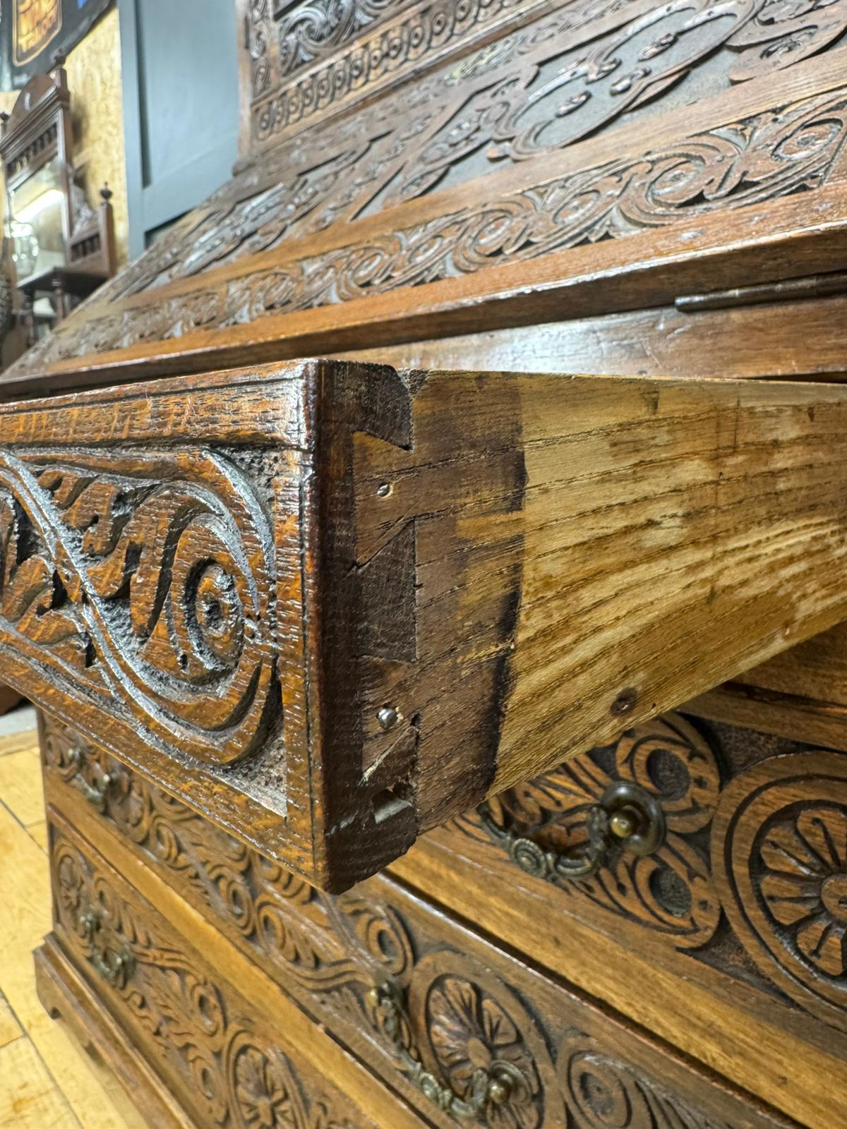 Antique Carved Oak Bureau Bookcase – Decorative Oak Writing Desk