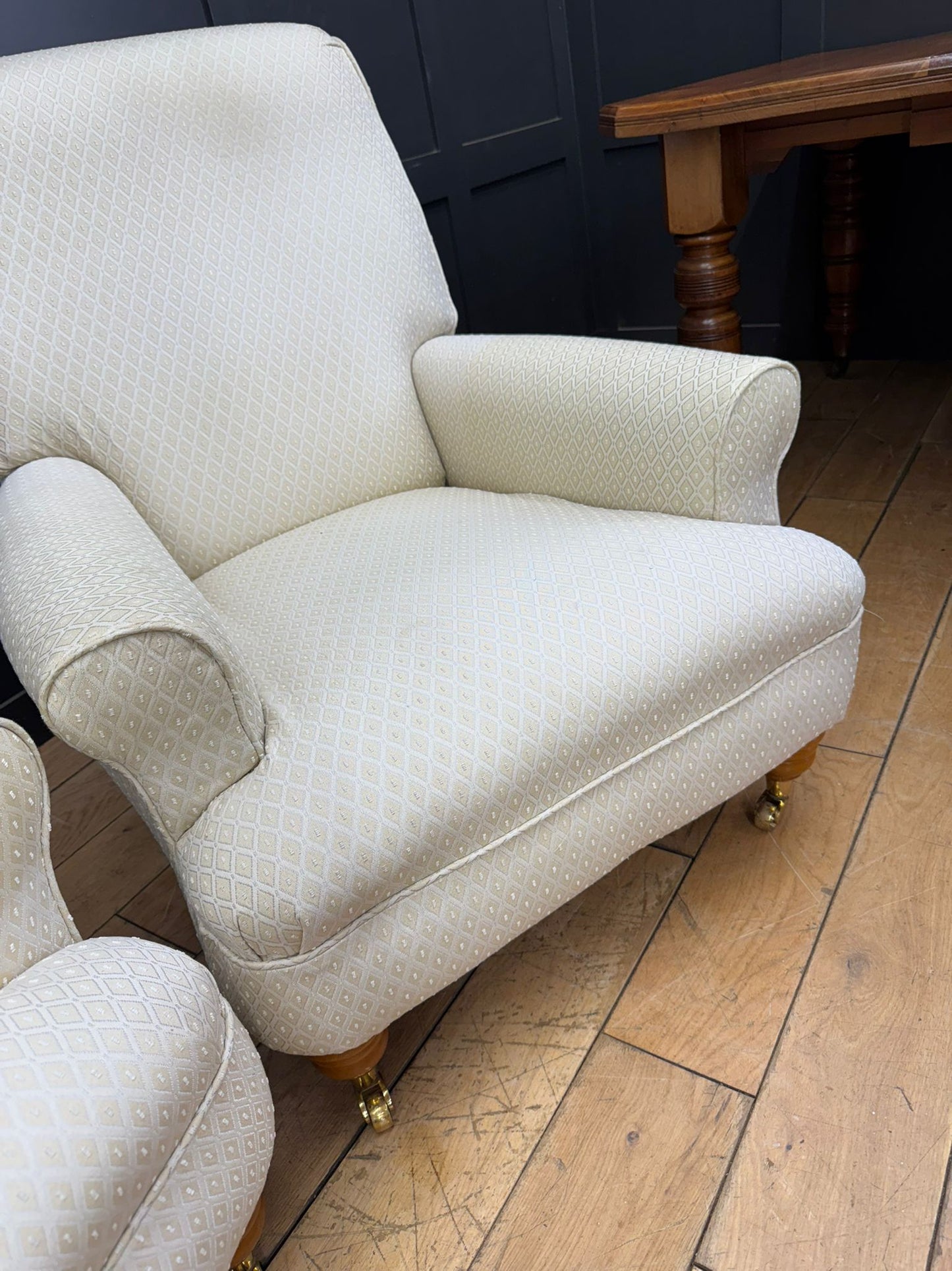 Pair of Contemporary Cream Upholstered Armchairs – Brass Castors /Lounge Chairs