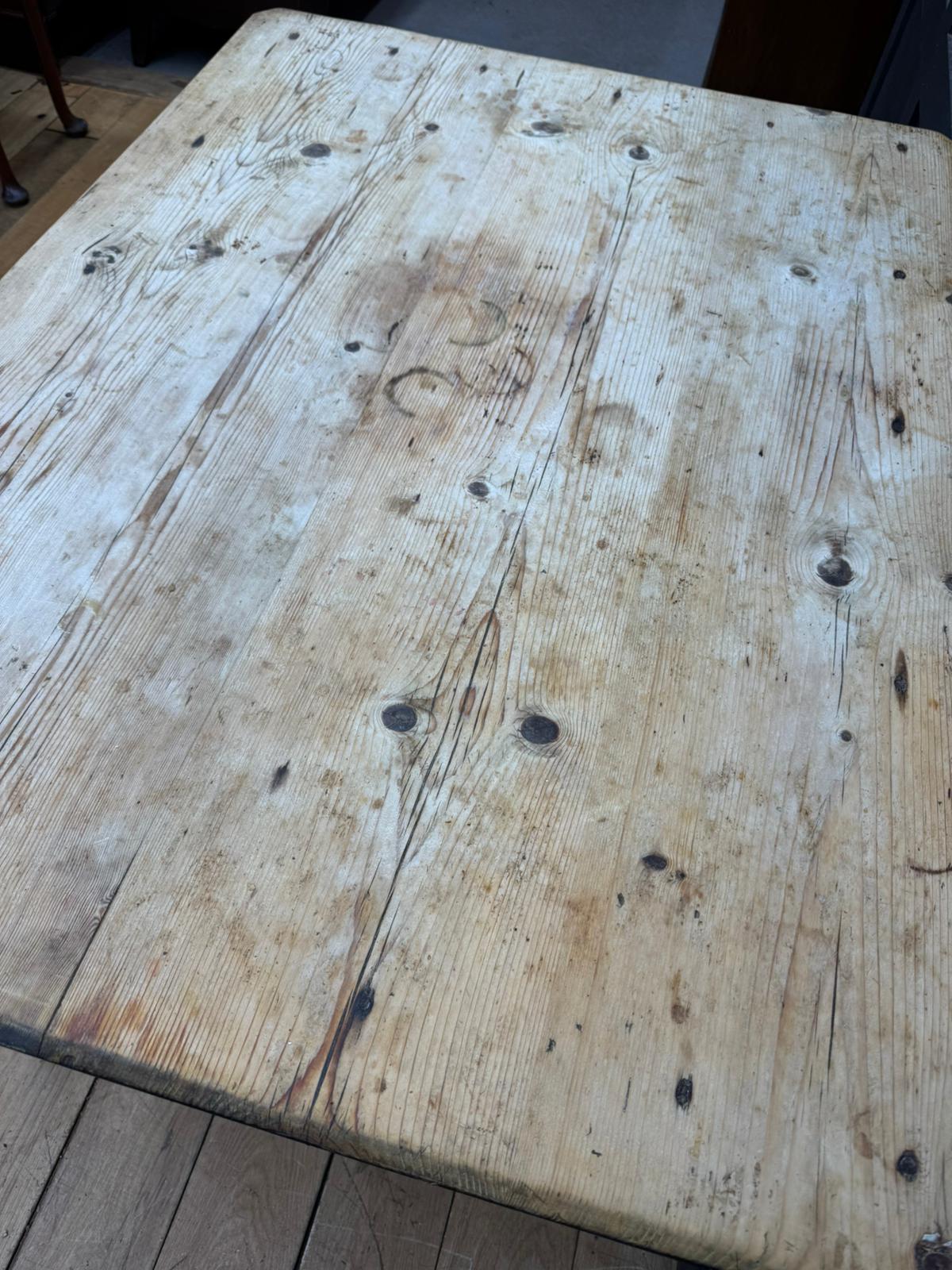 Victorian Pine Farmhouse Kitchen Dining Table / Rustic Black Painted Base