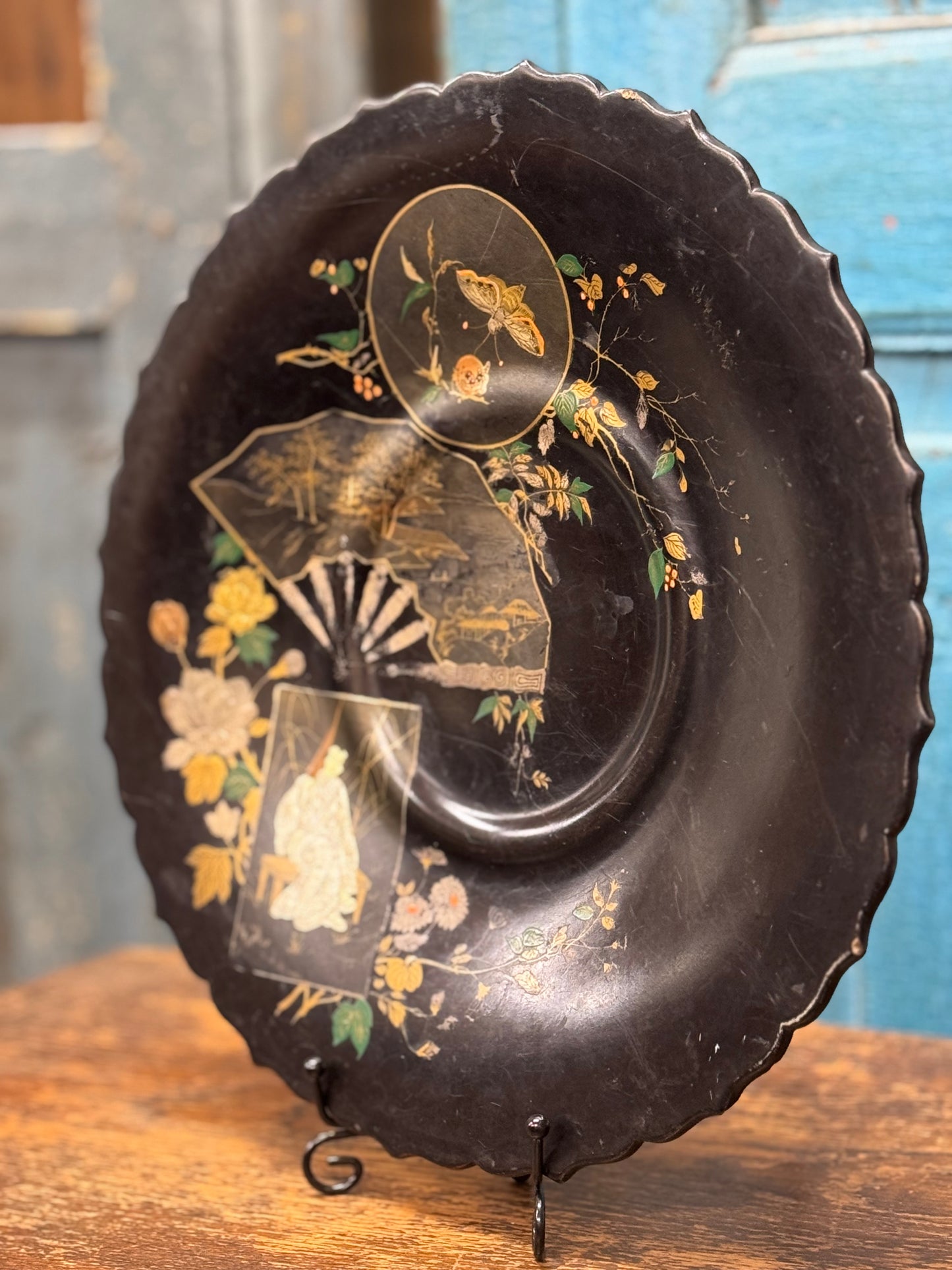 Antique 19th.C Papier-Mâché Lacquered Chinese Tray Plate Bowl / Chinoiserie C