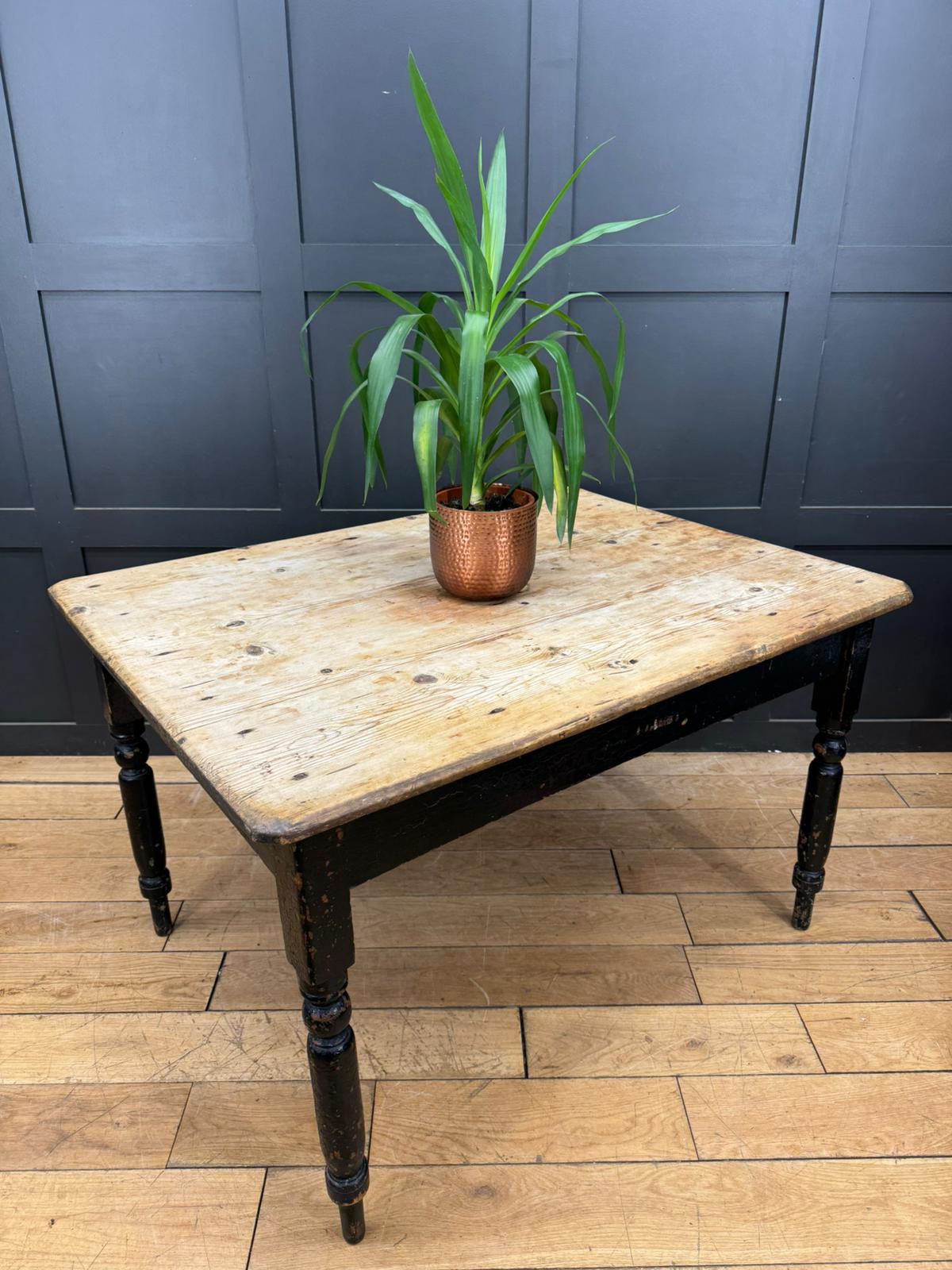 Victorian Pine Farmhouse Kitchen Dining Table / Rustic Black Painted Base