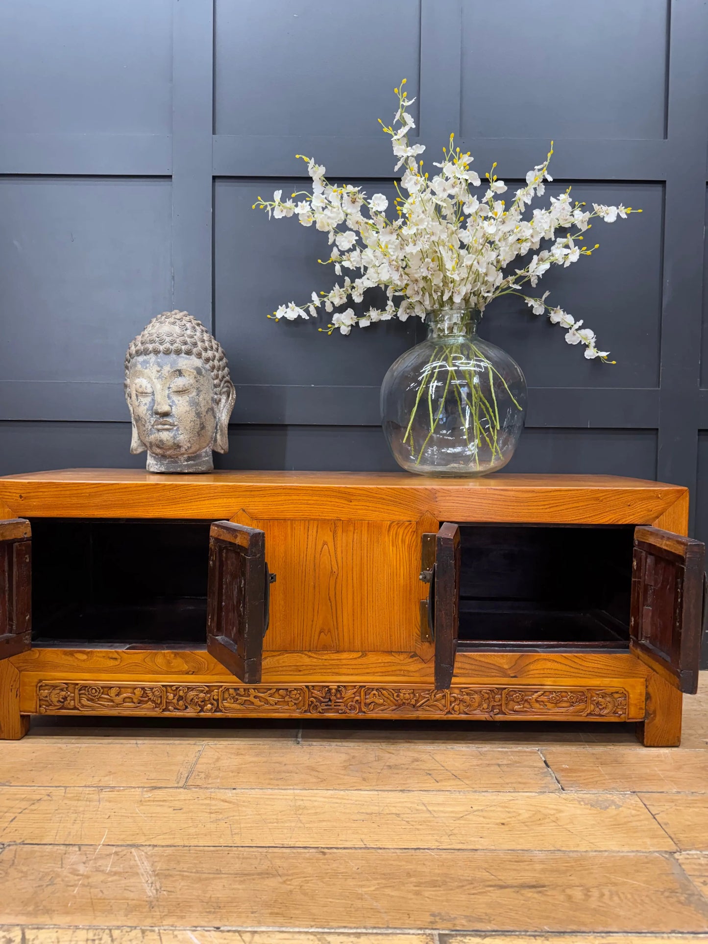Vintage Chinese Elm Low Sideboard Cabinet / TV Media Unit Oriental Console
