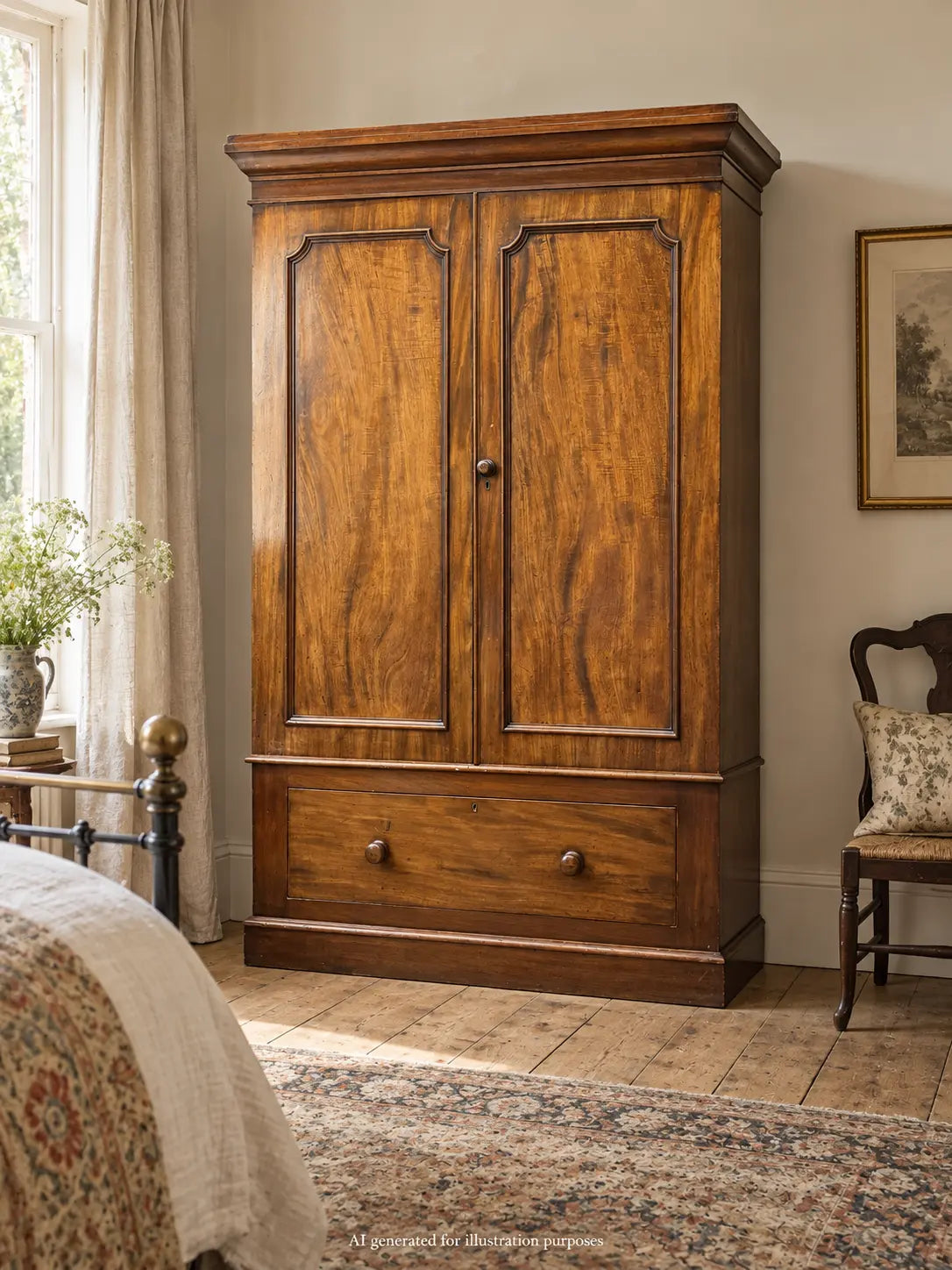 Antique Victorian Flame Mahogany Double Wardrobe Armoire Linen Cupboard Drawer