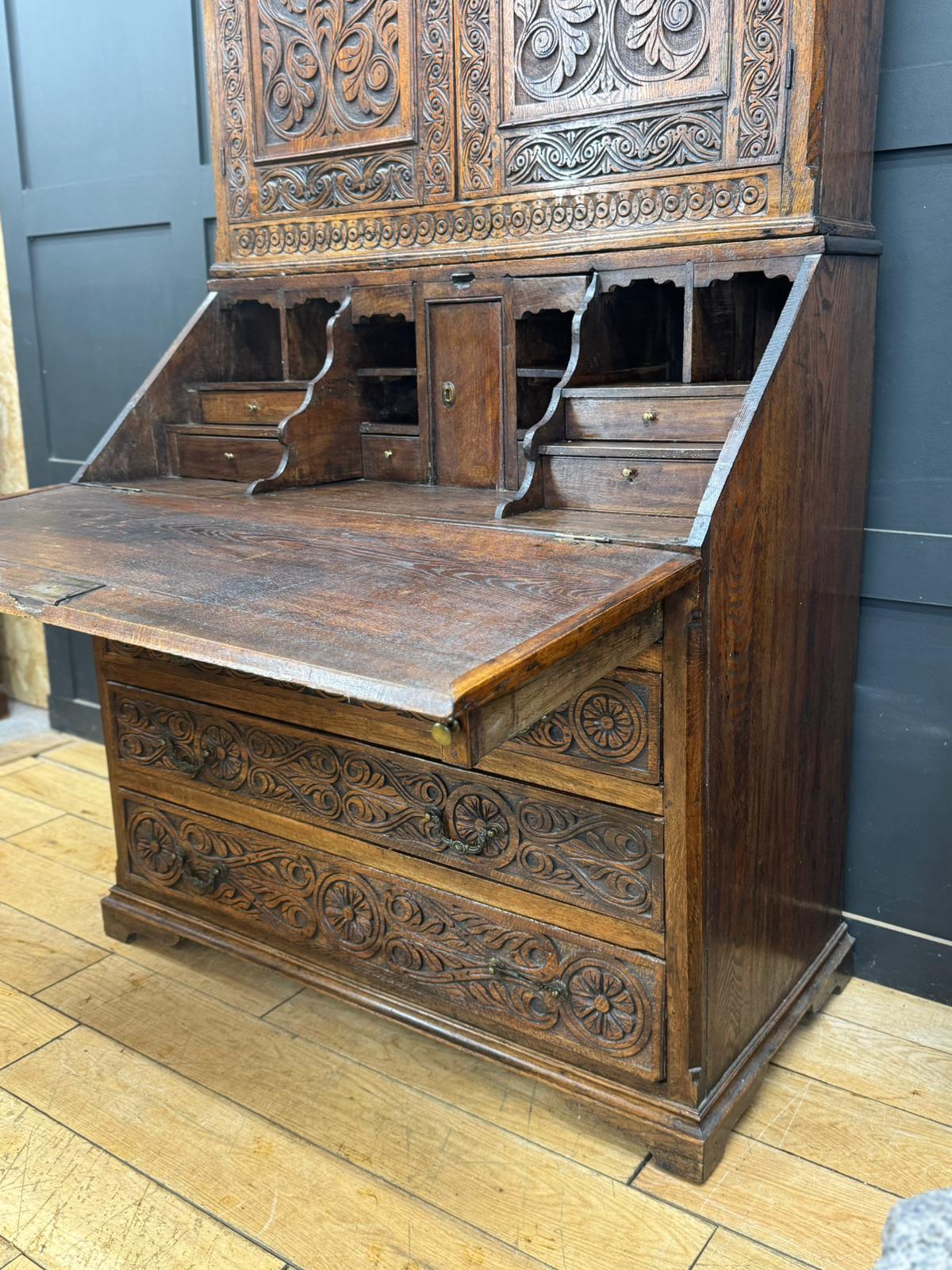 Antique Carved Oak Bureau Bookcase – Decorative Oak Writing Desk