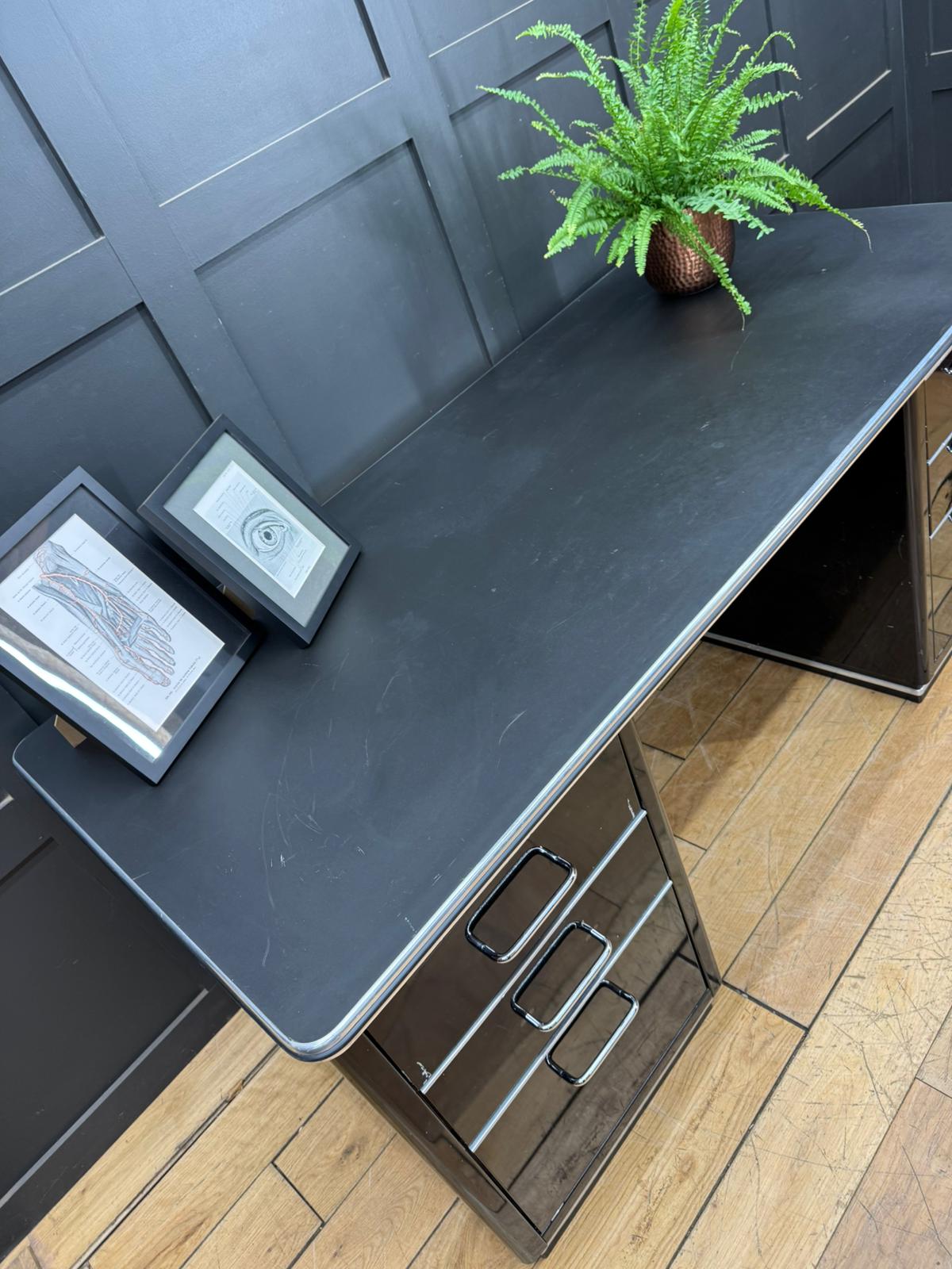 Art Deco Style Black Metal Desk / Müller Chrysler Office Twin Pedestal Desk