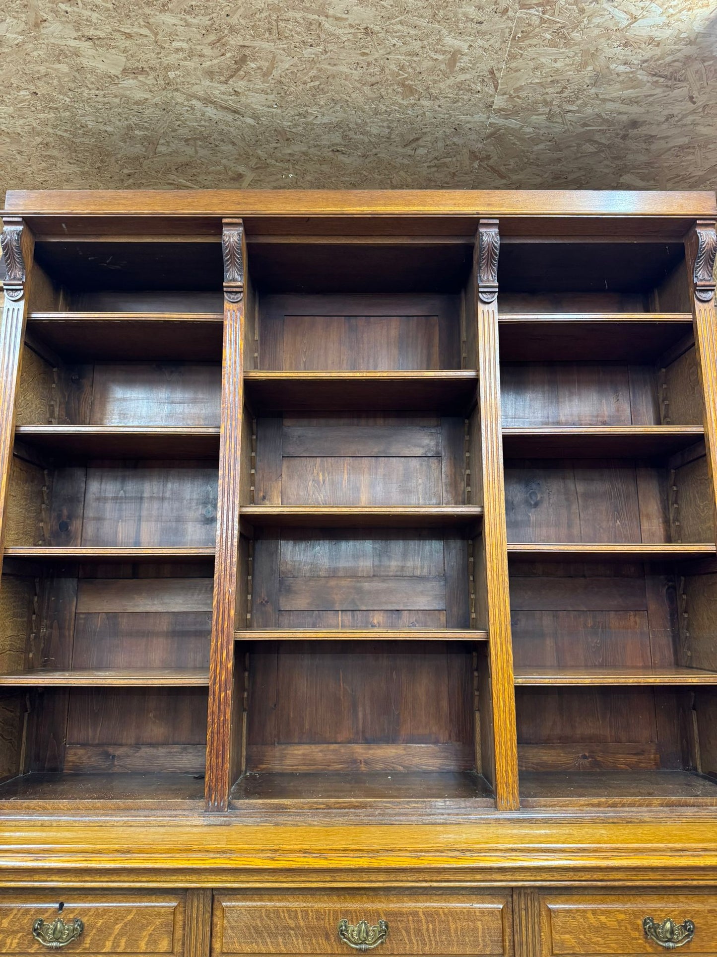 Victorian Solid Oak Breakfront Library Bookcase, TV Stand, Sideboard Display