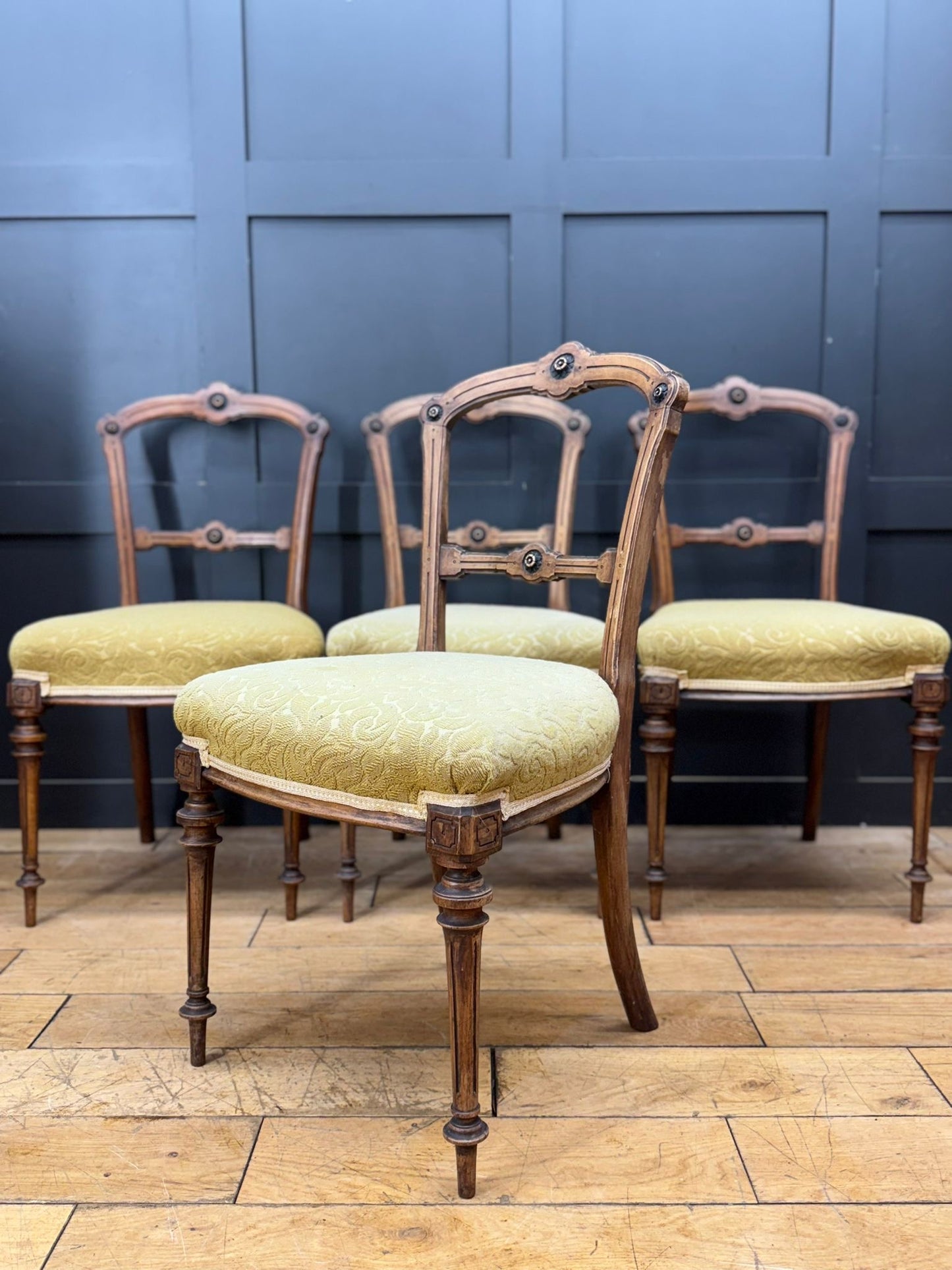Set of Late Victorian Upholstered Dining Chairs / Walnut Kitchen Chairs