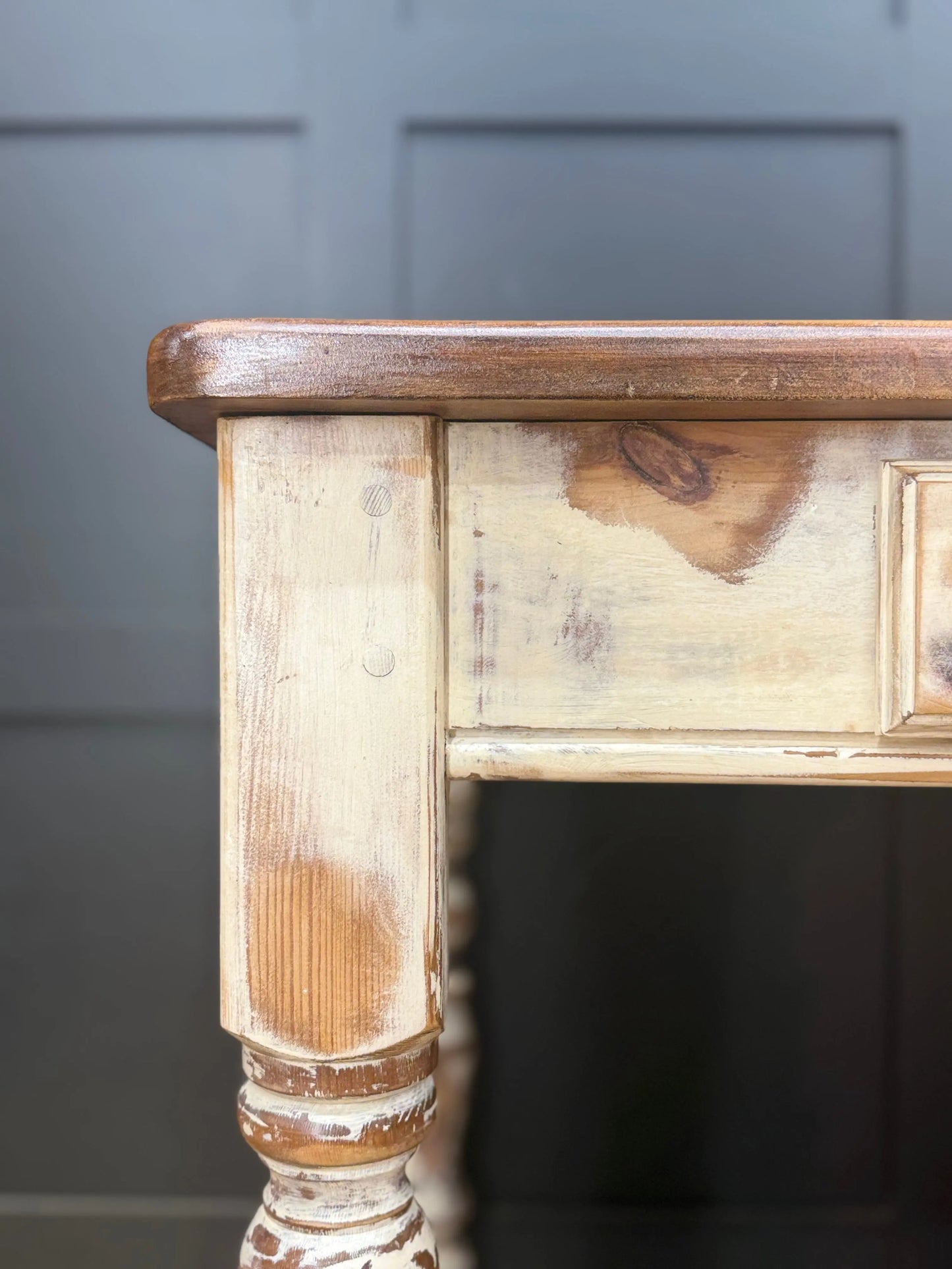 Vintage Solid Pine Farmhouse Kitchen Dining Table 2 Drawer Desk