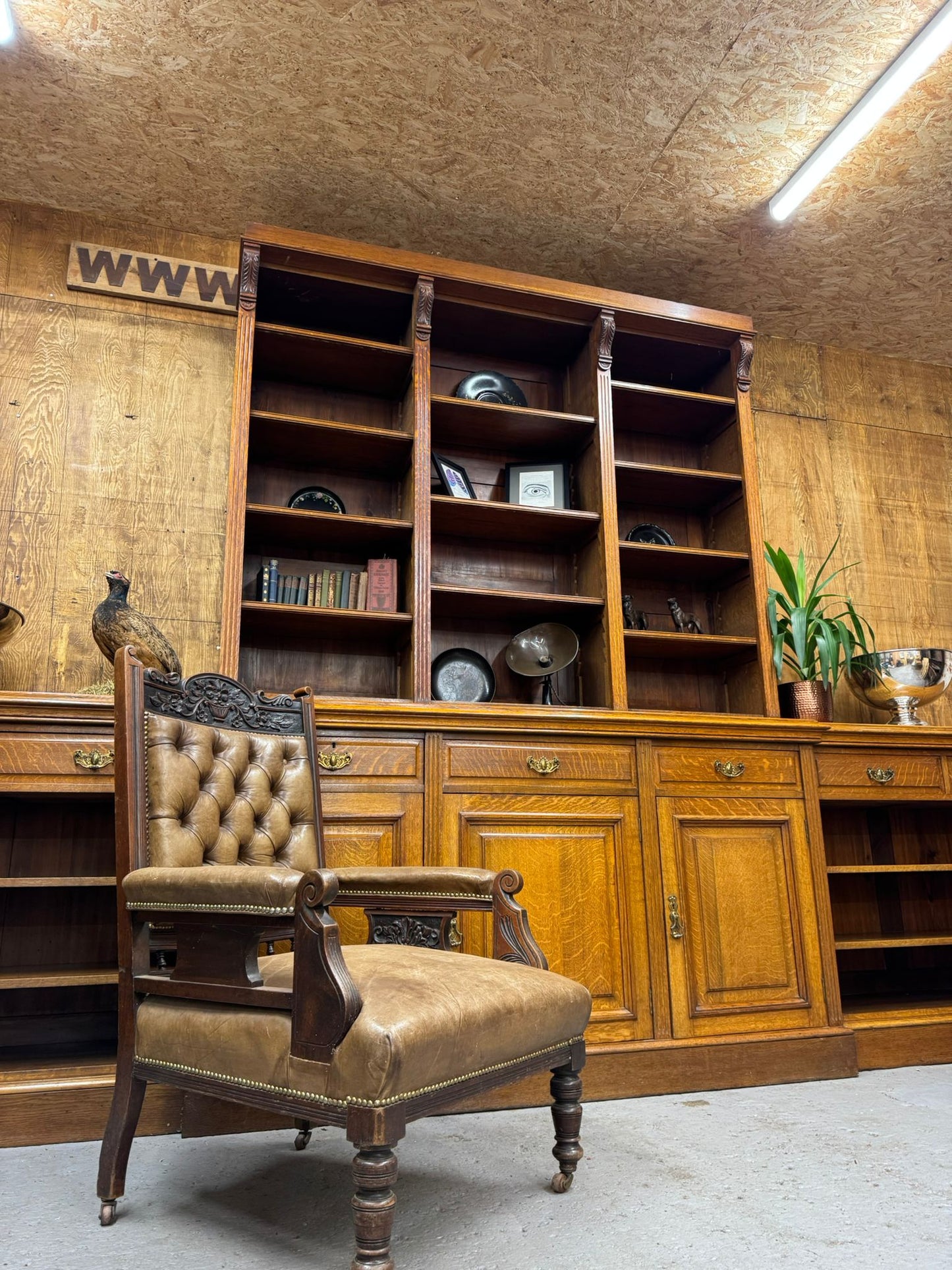 Victorian Solid Oak Breakfront Library Bookcase, TV Stand, Sideboard Display