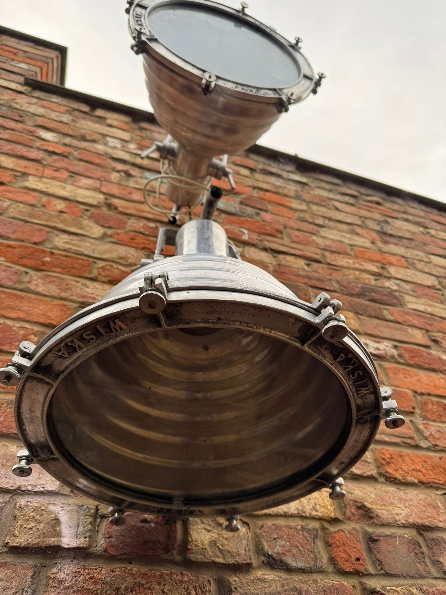 Pair of Vintage WISKA Ship Lights – Polished Aluminium Industrial Lamps