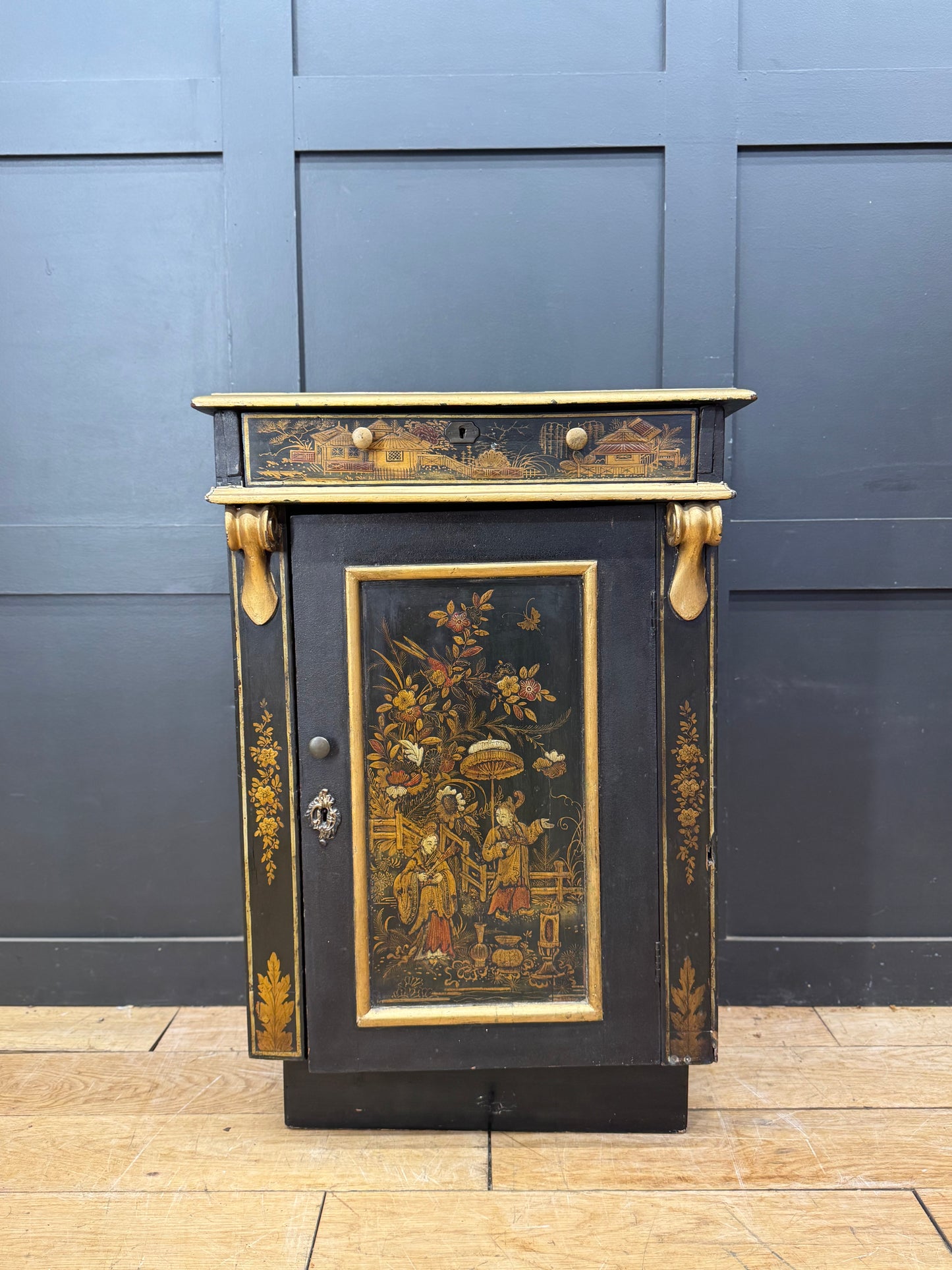 Antique Black Chinoiserie Cabinet Bedside Cupboard Oriental Painted Side Table