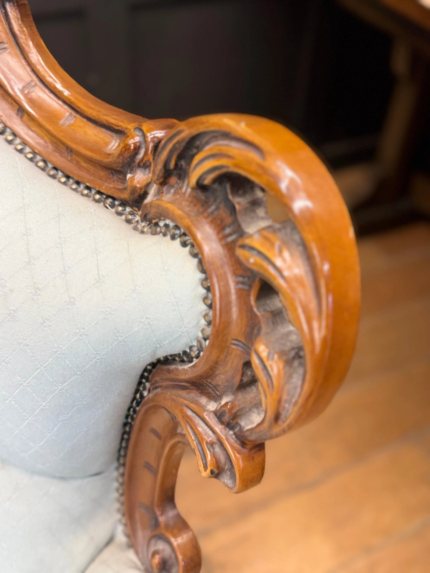 Pair Vintage Armchairs French Louis XV Style Rococo Carved Wood Upholstered