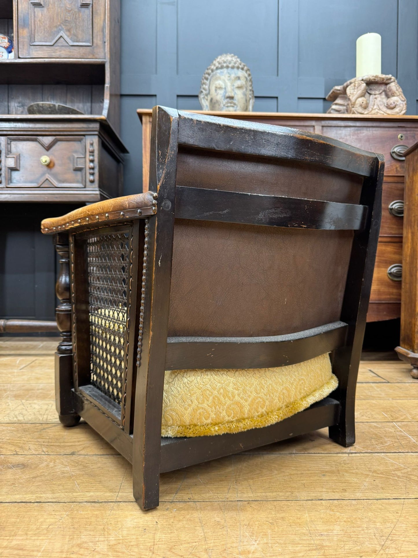 Antique Leather Cane Child’s Chair – Woven Seat Vintage Wooden Armchair