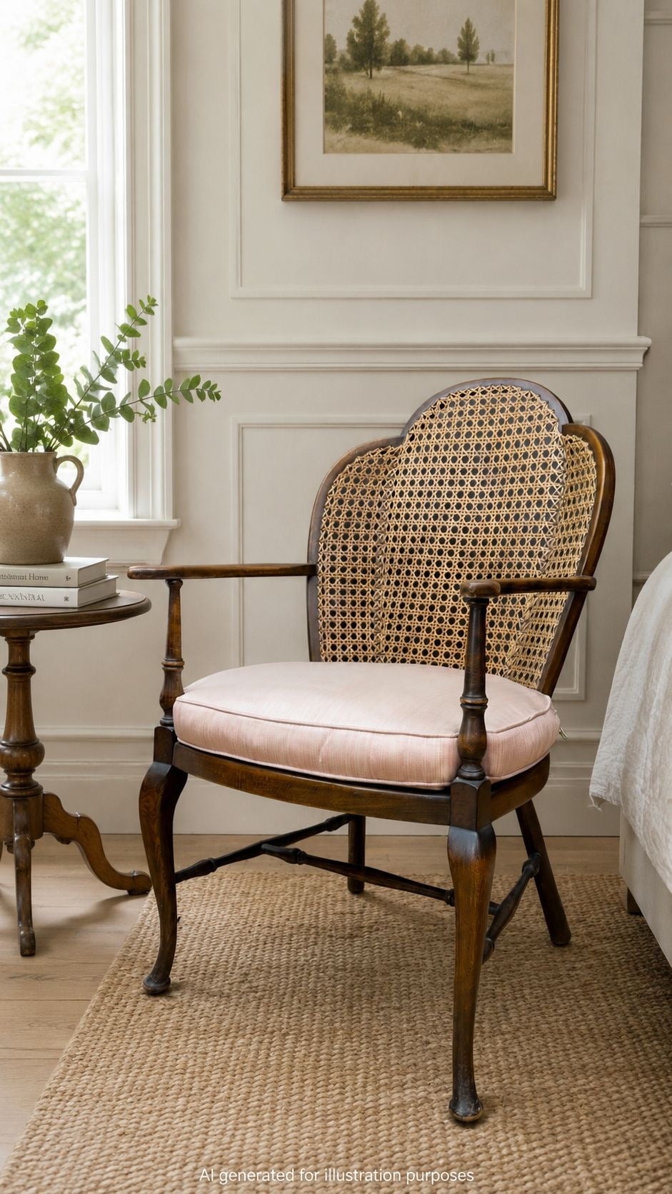 Antique Beech & Cane Elbow Chair With Cushion Armchair Bedroom Occasional Seat
