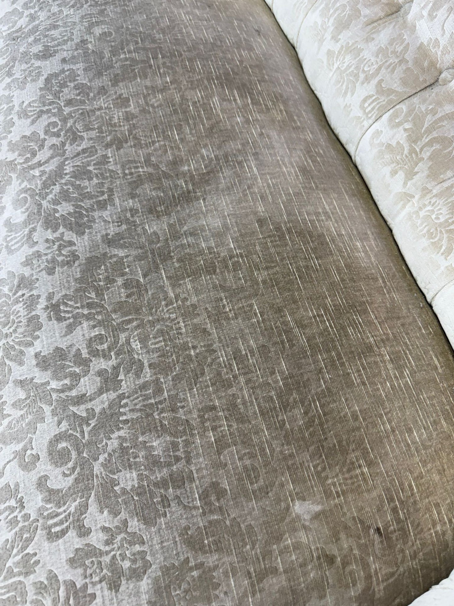 Late Victorian Walnut Button Back Sofa – Scroll Arm Upholstered Settee