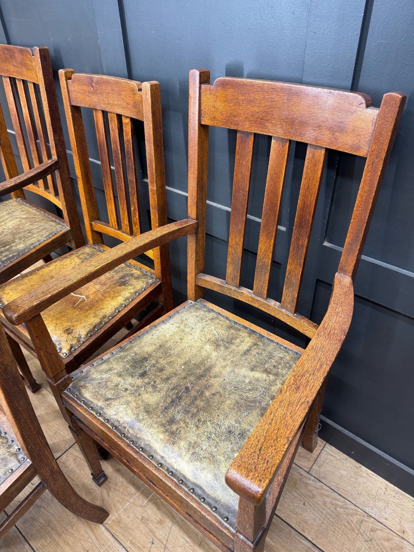 Set Of 6 Antique Arts & Crafts Oak Dining Chairs /Kitchen Chairs For Reupholster