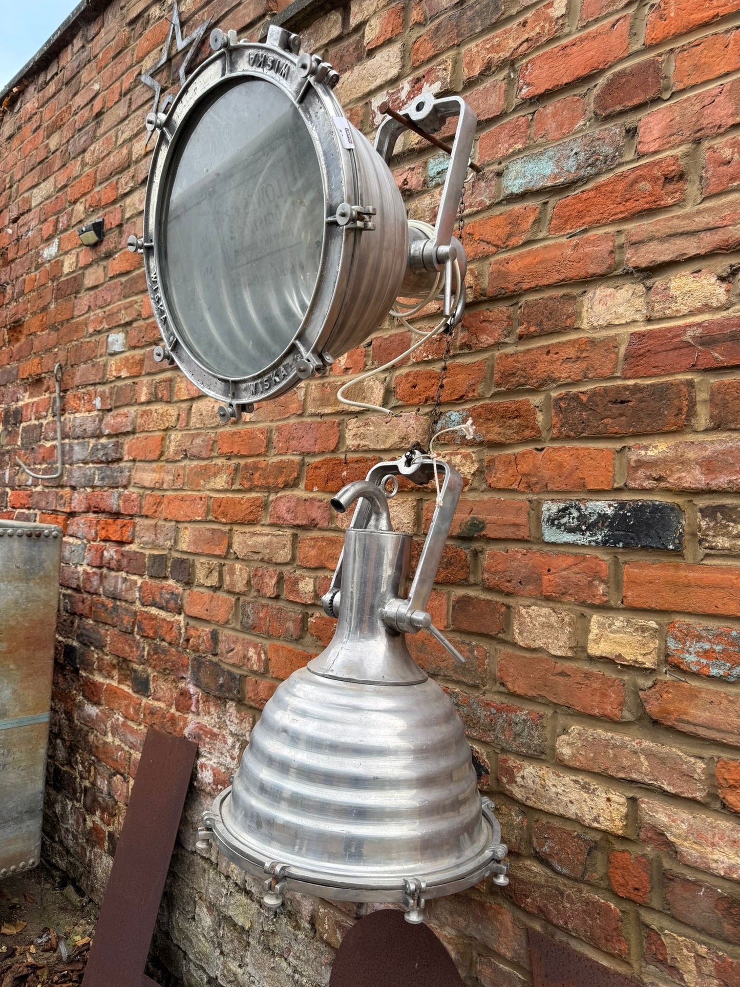 Pair of Vintage WISKA Ship Lights – Polished Aluminium Industrial Lamps