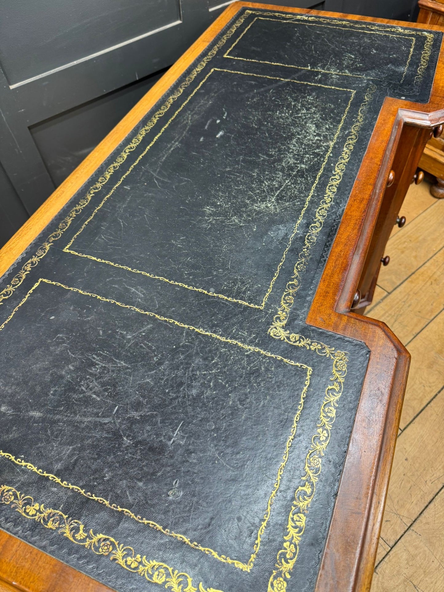Antique Mahogany Pedestal Desk with Black Leather Top / Dressing Table