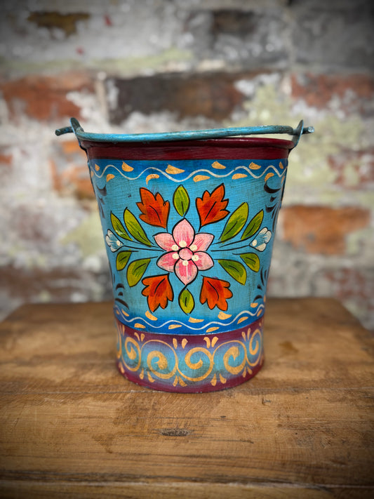 Vintage Small Hand Painted Bucket / Plant Pot / Herb Planter / Blue /Red / Pail