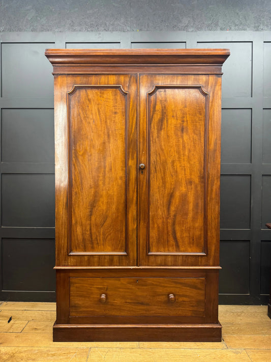 Antique Victorian Flame Mahogany Double Wardrobe Armoire Linen Cupboard Drawer