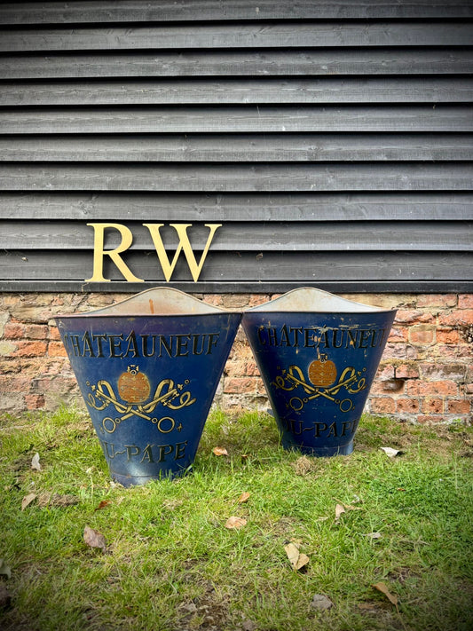 An Antique Pair Vintage French Grape Hod Chateauneuf Du Pape Log Basket Planters