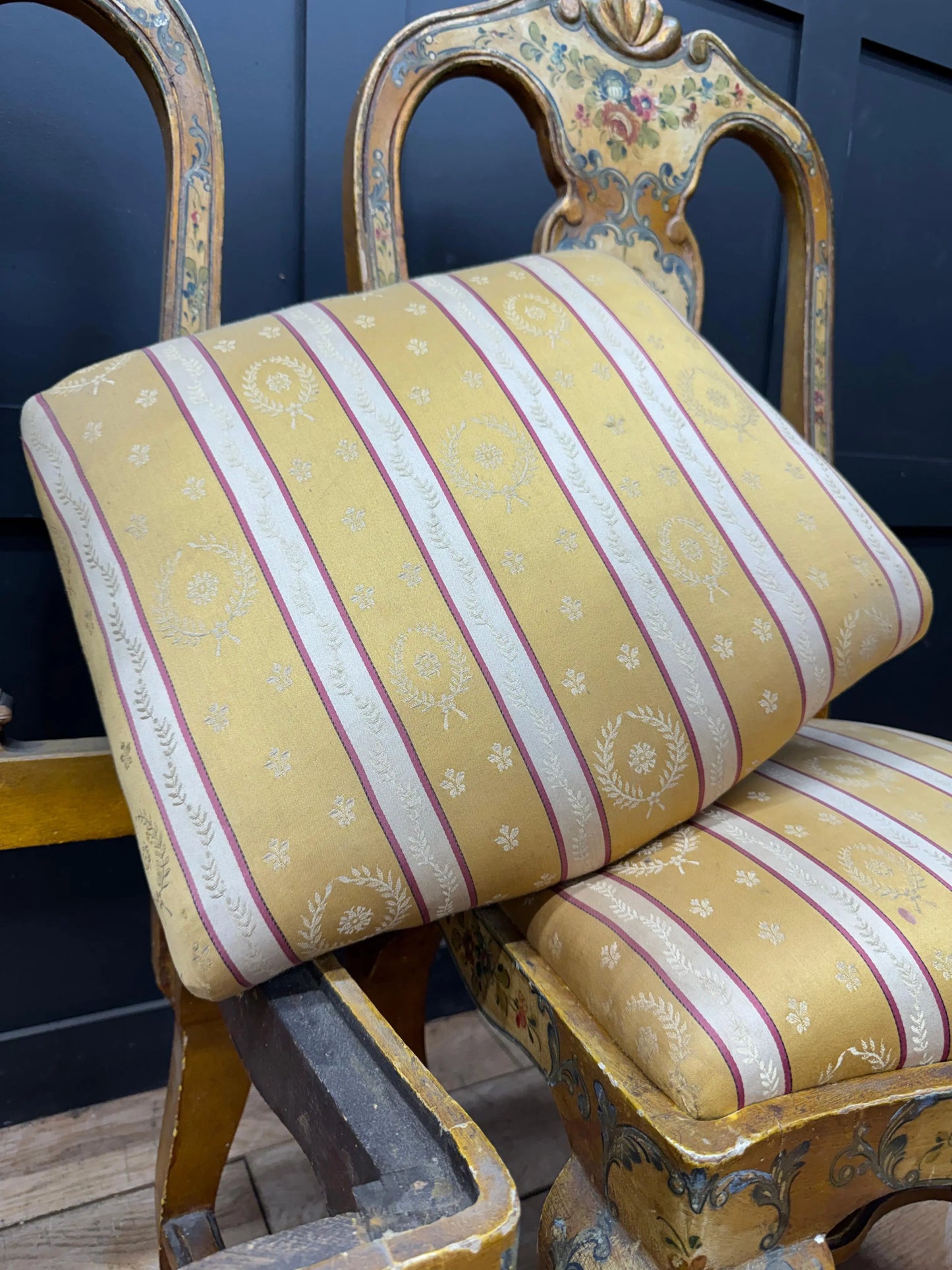 Antique Pair Italian Polychrome Painted Dining Chairs Accent Chairs Venetian RUSTIC WAREHOUSE NORFOLK