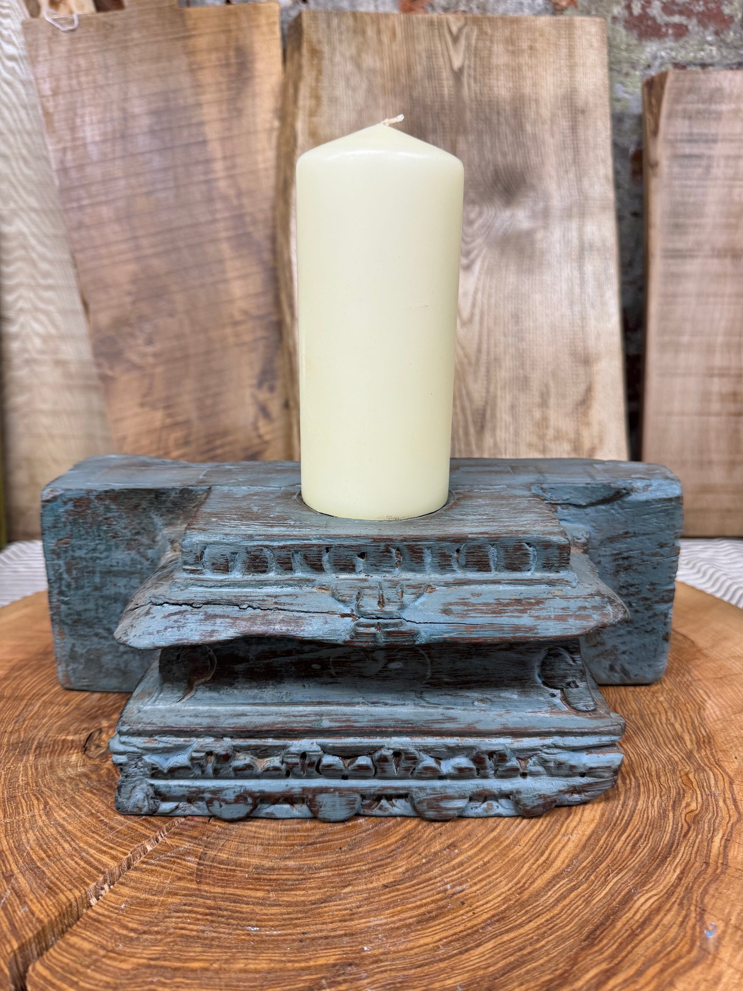 Rustic Church Candle Holder / Indian Pillar Base / Farmhouse Decor Dark Blue