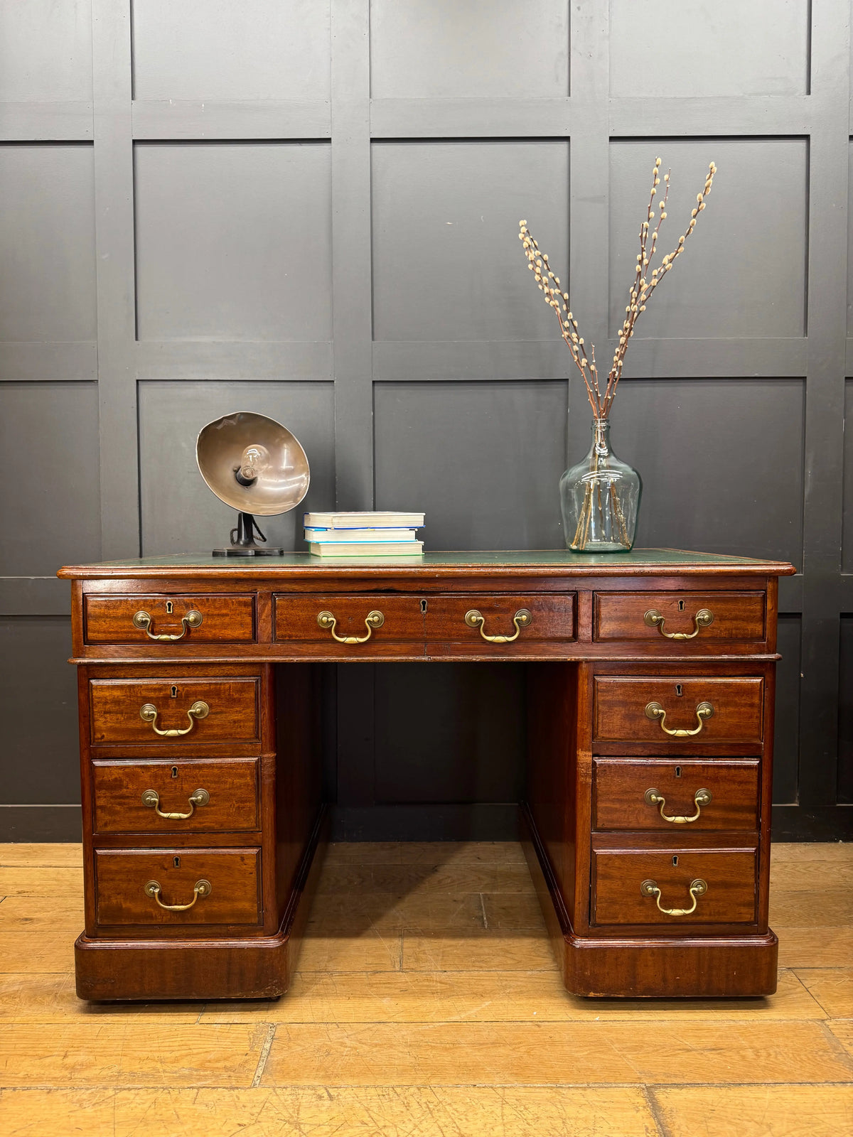 Antique Mahogany Twin Pedestal Writing Desk Green Leather Top Office Desk 19th.C