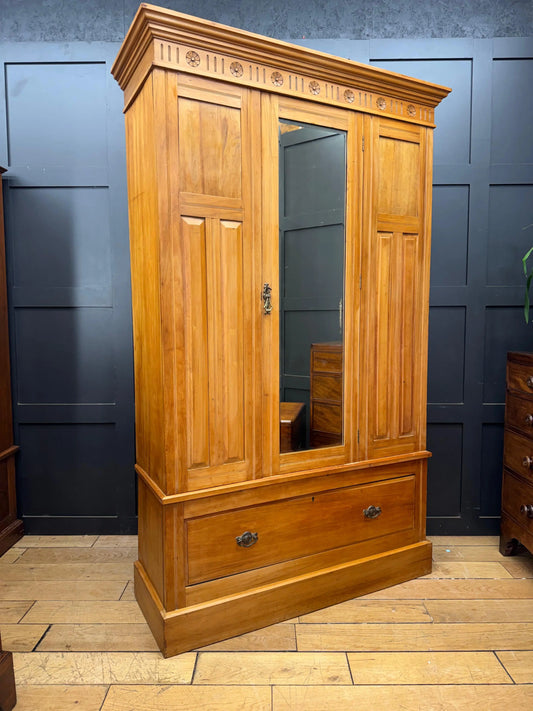 Antique Satinwood Single Wardrobe Mirrored Door Bedroom Storage Drawer RUSTIC WAREHOUSE NORFOLK