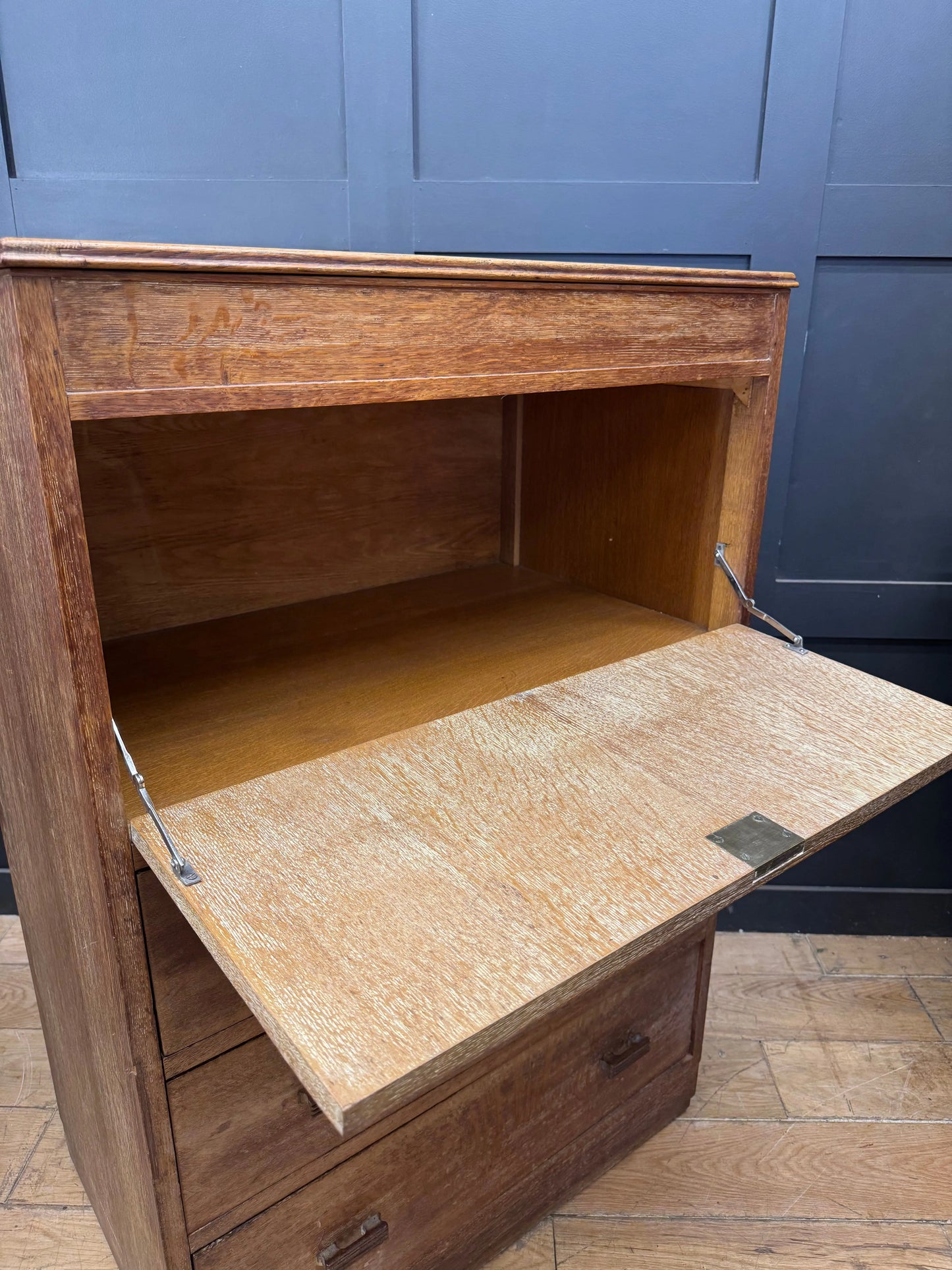 1930s Art Deco Limed Oak Bureau Chest of Drawers Writing Desk  Mirror Tallboy