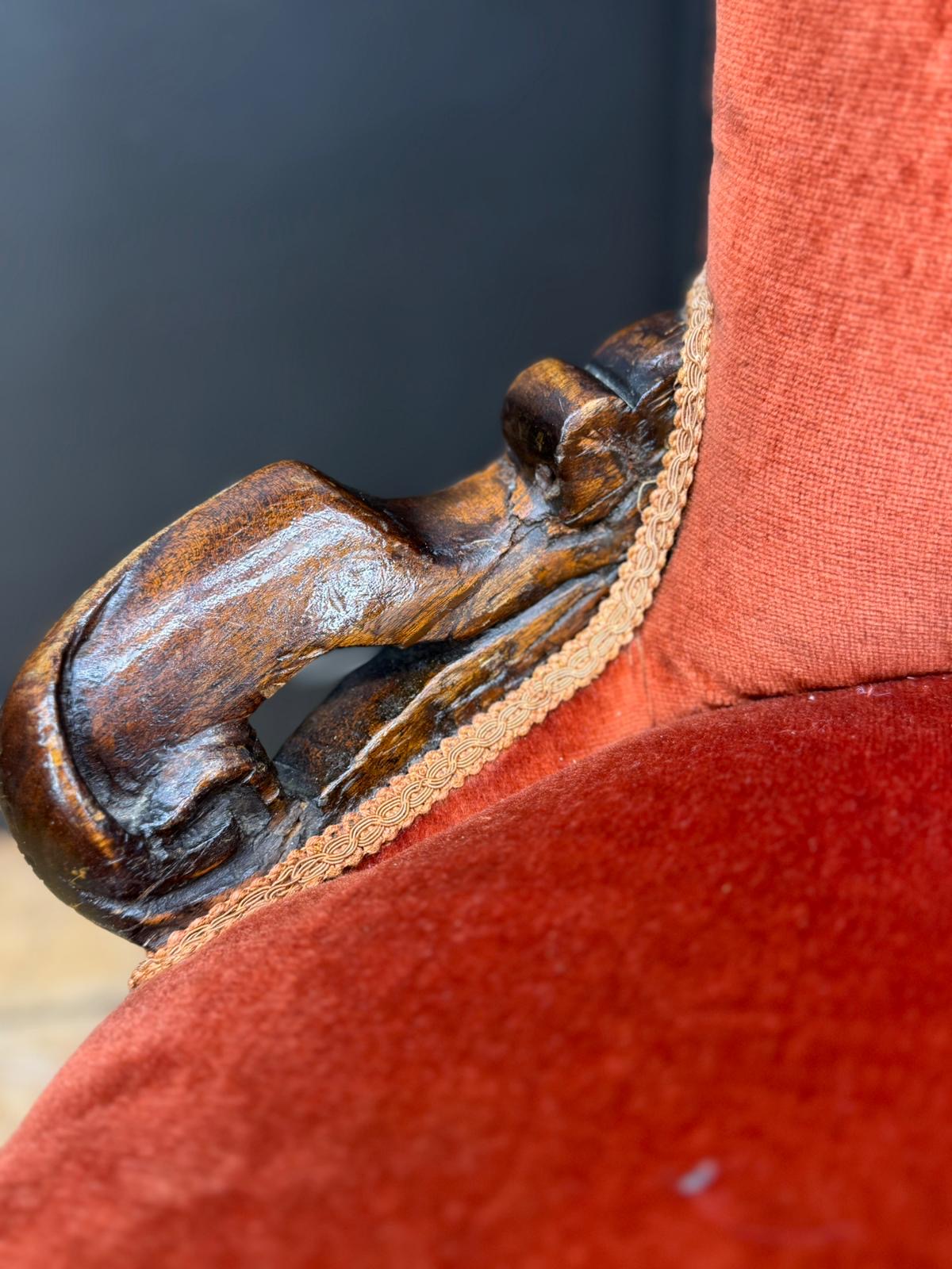 Victorian Walnut Spoon Nursing Chair in Orange Upholstery / Bedroom Chair