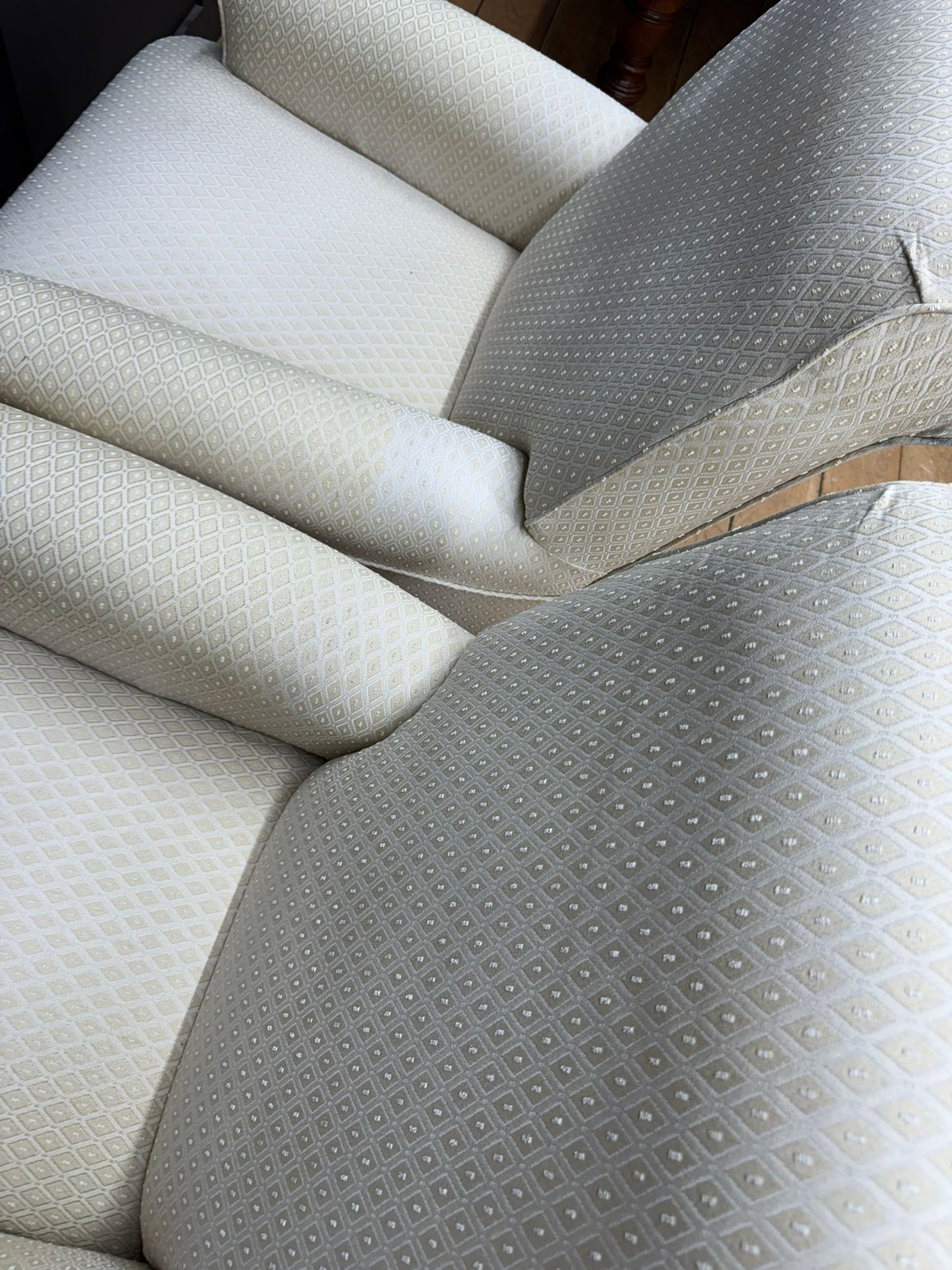 Pair of Contemporary Cream Upholstered Armchairs – Brass Castors /Lounge Chairs