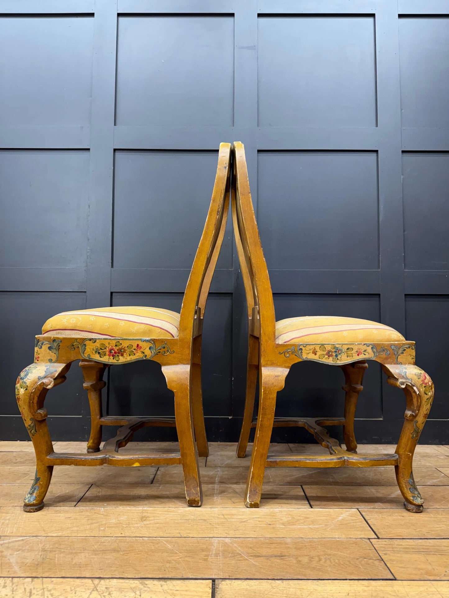 Antique Pair Italian Polychrome Painted Dining Chairs Accent Chairs Venetian RUSTIC WAREHOUSE NORFOLK