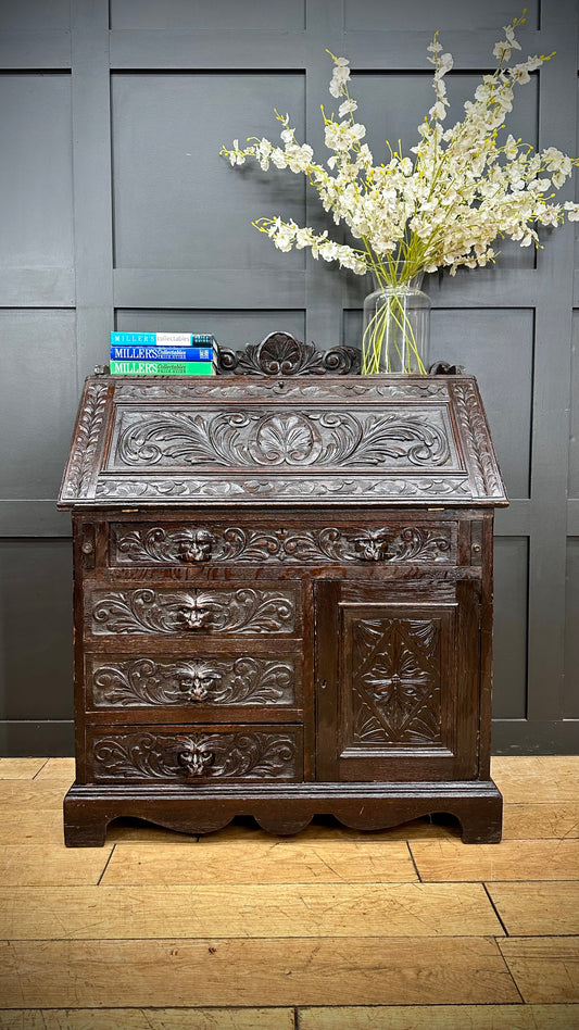 Antique Oak Bureau Desk  /drop Front Desk / Antique Furniture / Green Man