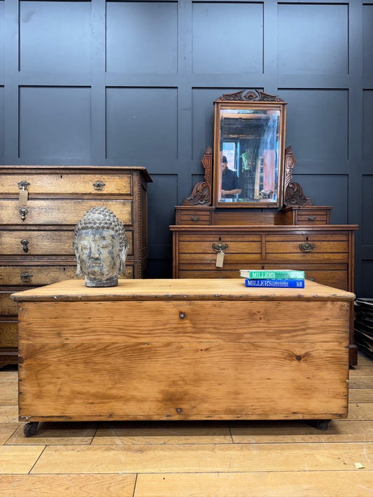 Antique Pine Chest on Wheels – 19thC Storage Trunk Blanket Box Coffee Table