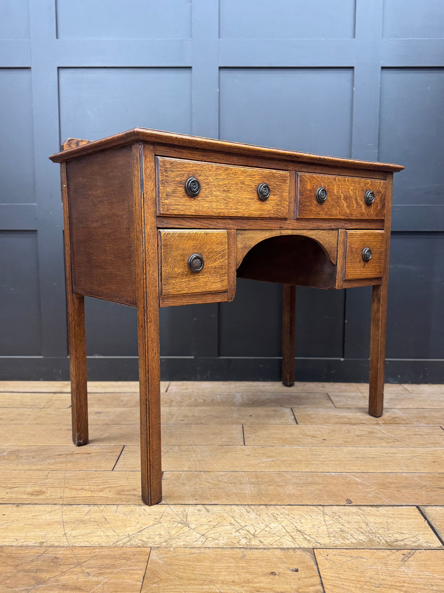 Antique Oak Writing Desk Leather Top Small Desk Drawers Storage Sideboard