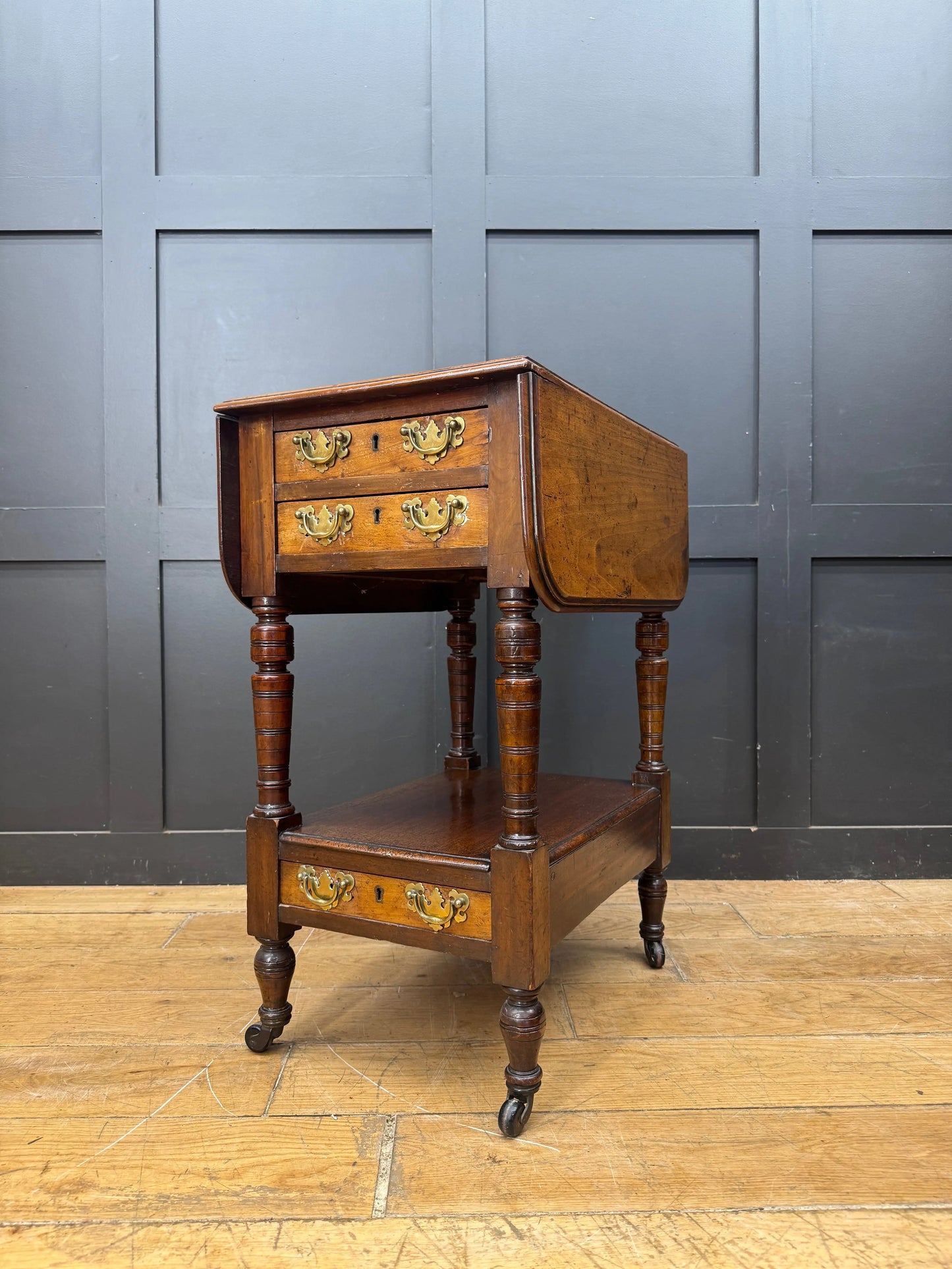 Regency Mahogany and Walnut Drop Leaf Side Lamp Table with Three Drawers