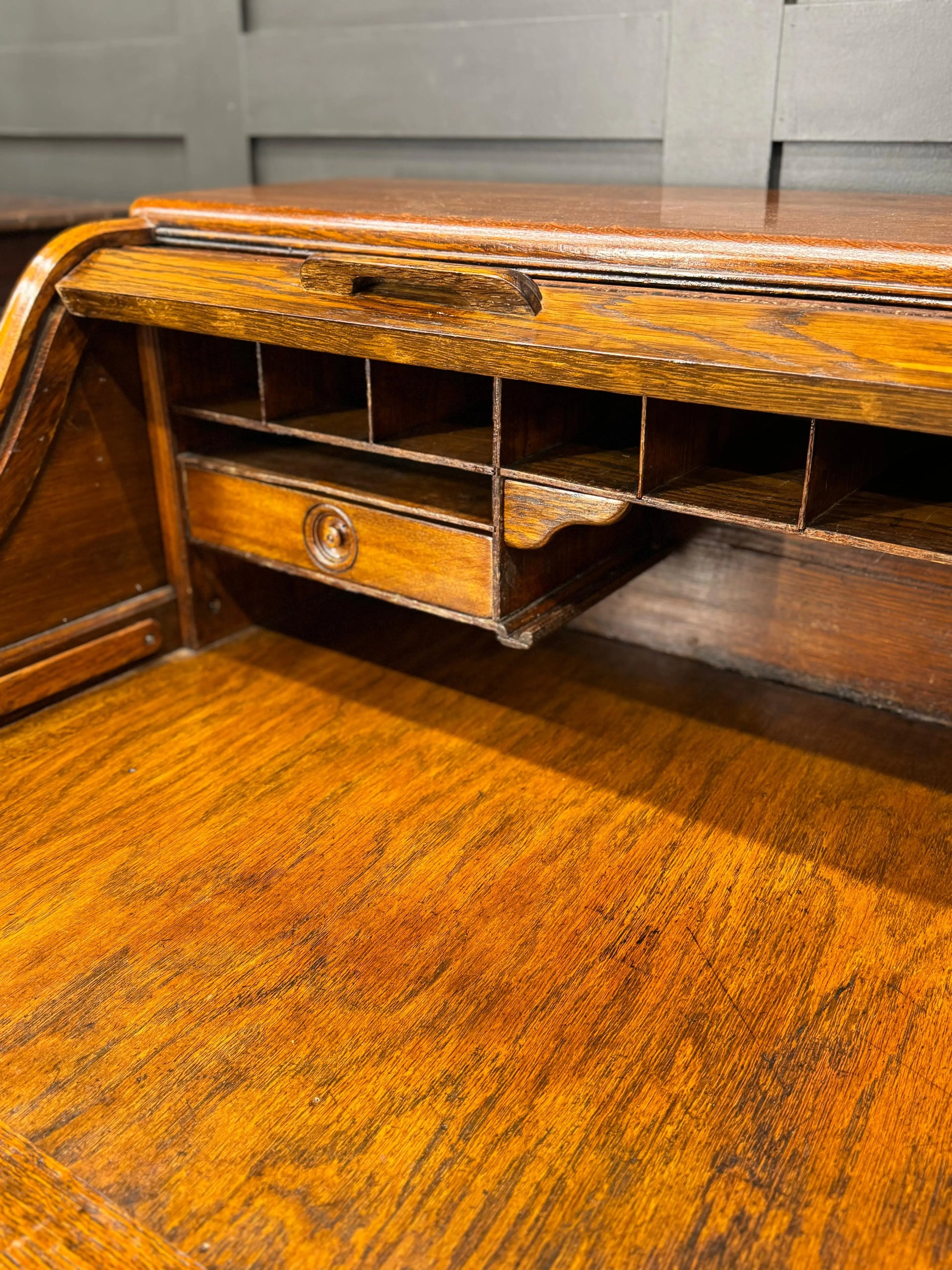 Edwardian Oak Roll Top Pedestal Desk Writing Desk With Fitted Interior RUSTIC WAREHOUSE NORFOLK