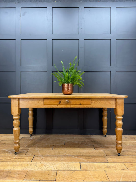 Vintage Pine Farmhouse Kitchen Table Turned Legs Drawer Rustic Dining