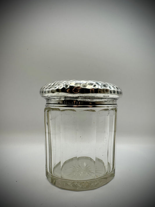 Antique Solid Sterling Silver Topped Cut Glass Pot  / Inscribed With Milly