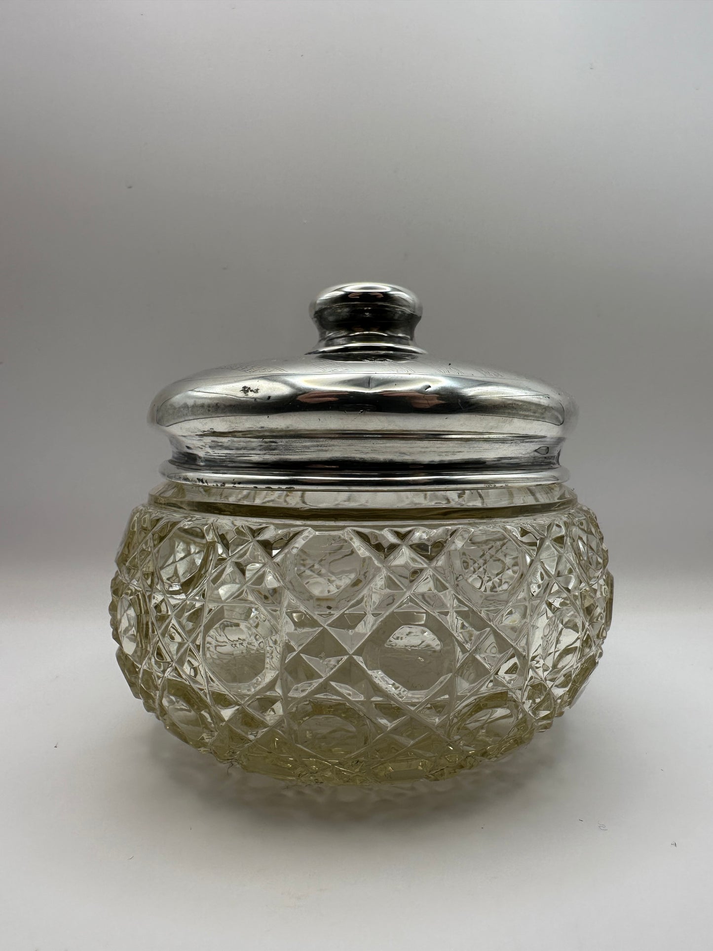 Antique Solid Sterling  Silver Topped Cut Glass Rouge Pot  / Pill Pot / Dressing