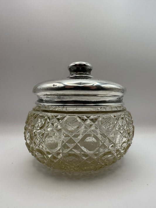 Antique Solid Sterling  Silver Topped Cut Glass Rouge Pot  / Pill Pot / Dressing