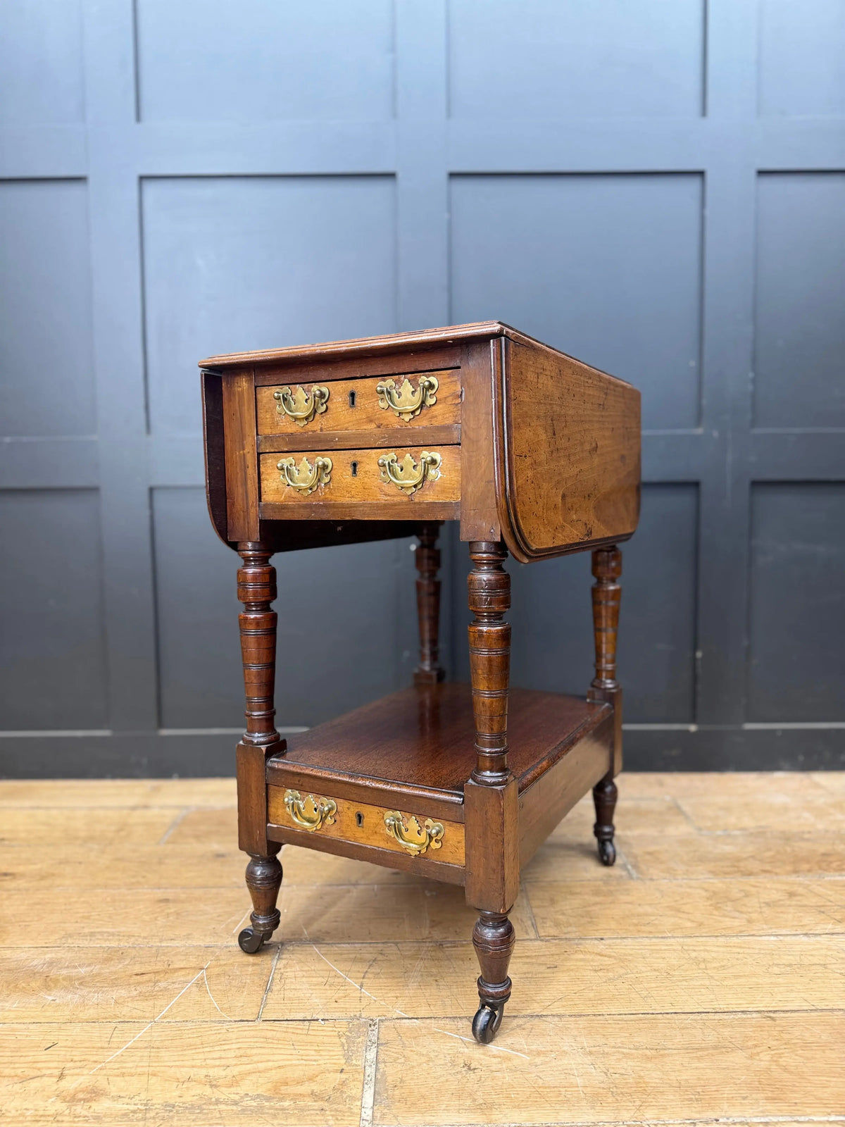 Regency Mahogany and Walnut Drop Leaf Side Lamp Table with Three Drawers